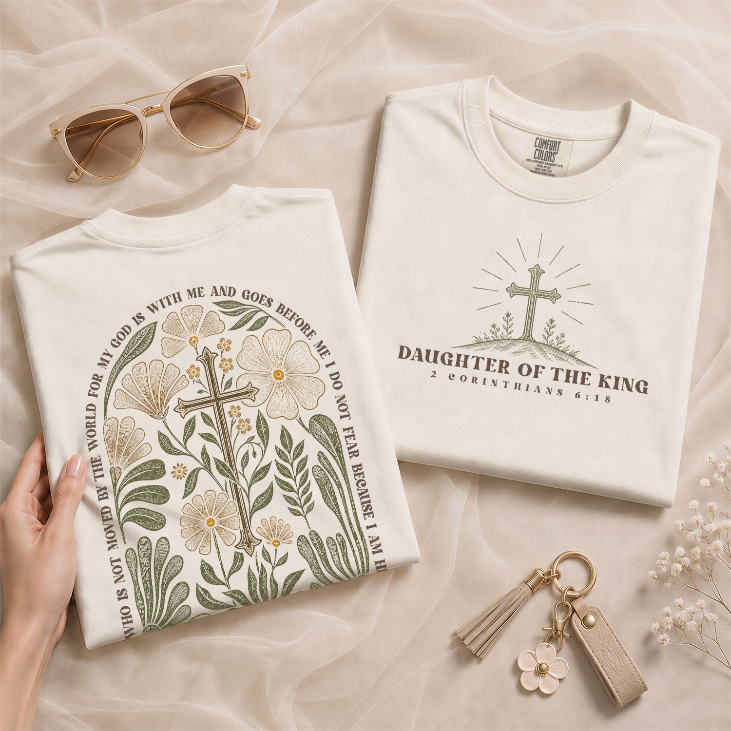 Daughter Of The King 2 Corinthians 6 18 Floral Cross Christian Graphic Tee Shirt Women - Rust Field Wear