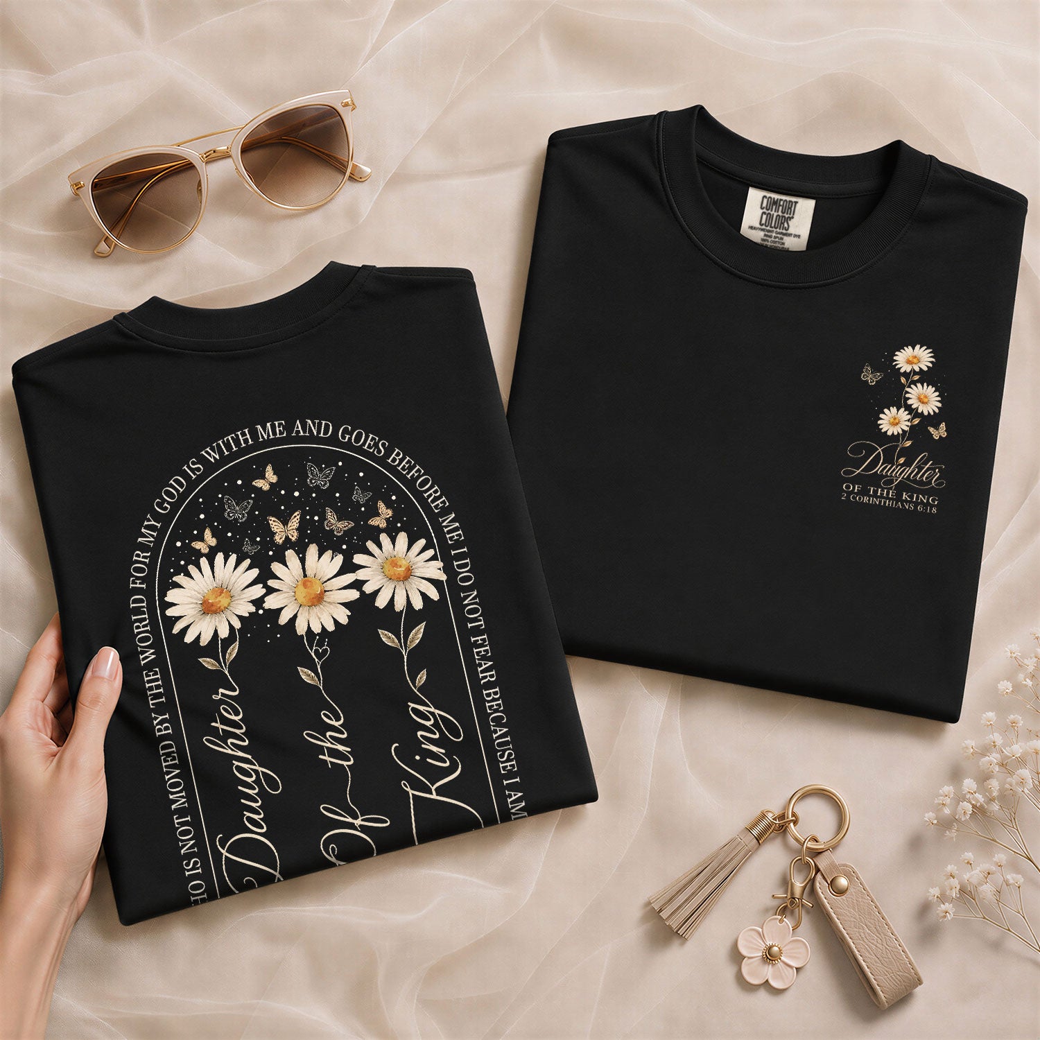 Daughter Of The King Daisy Butterfly Christian Graphic Everyday Tee Shirt For Women - Rust Field Wear
