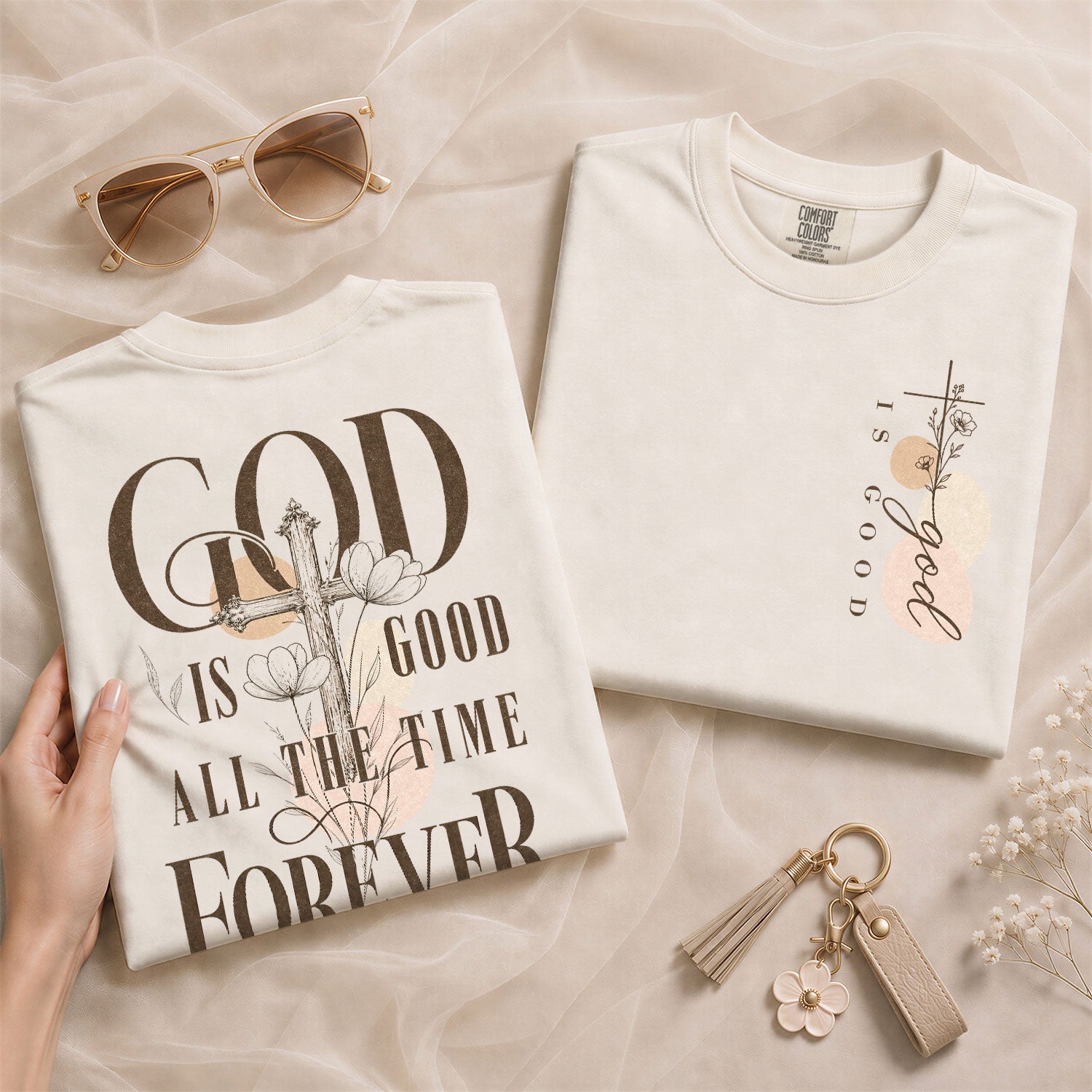 God Is Good Shirt Women Floral Cross Christian T-Shirt Faith Psalms 136 Scripture Tee - Rust Field Wear