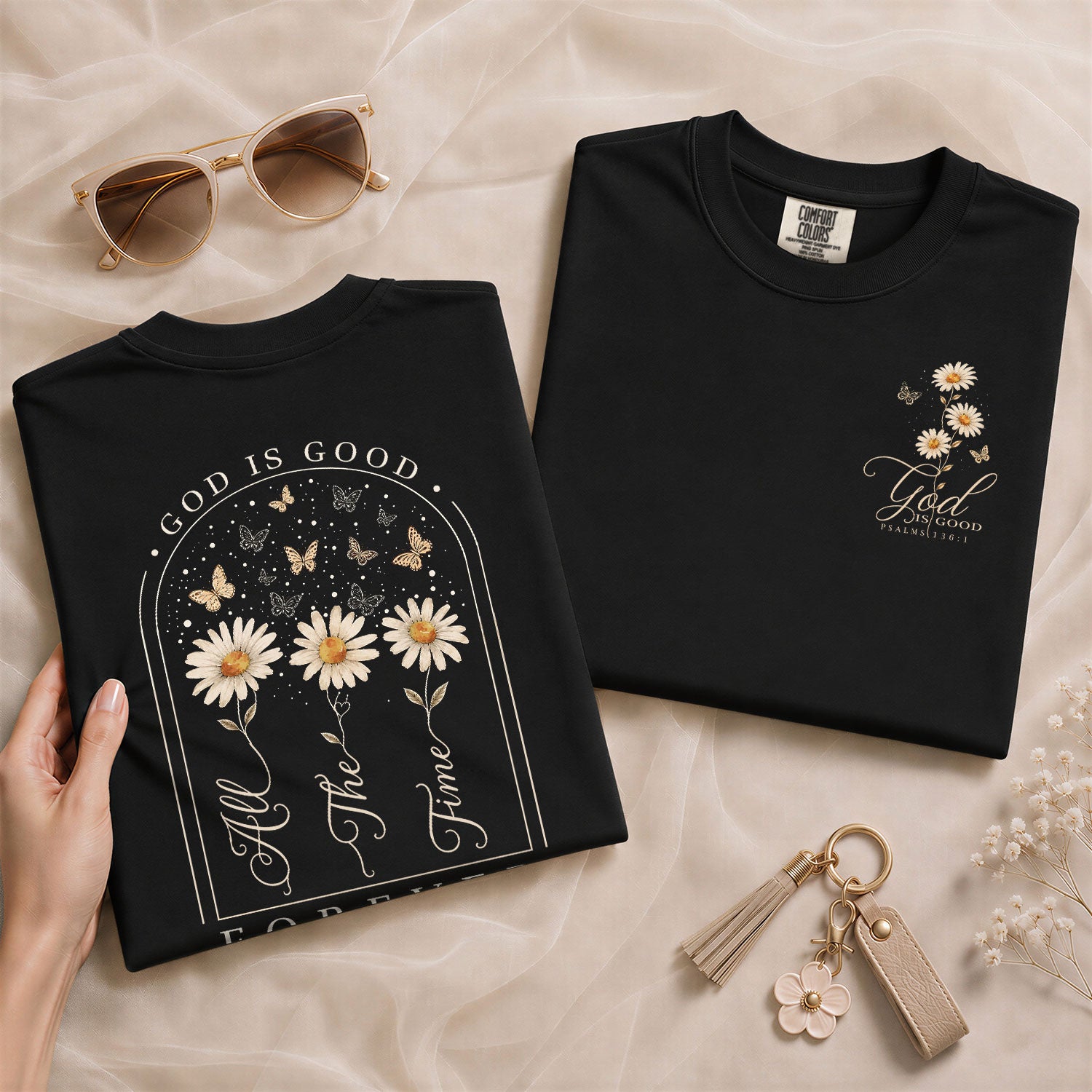 God Is Good Shirt Women Butterfly Daisy Christian T-Shirt Faith Psalms 136 Scripture Tee - Rust Field Wear