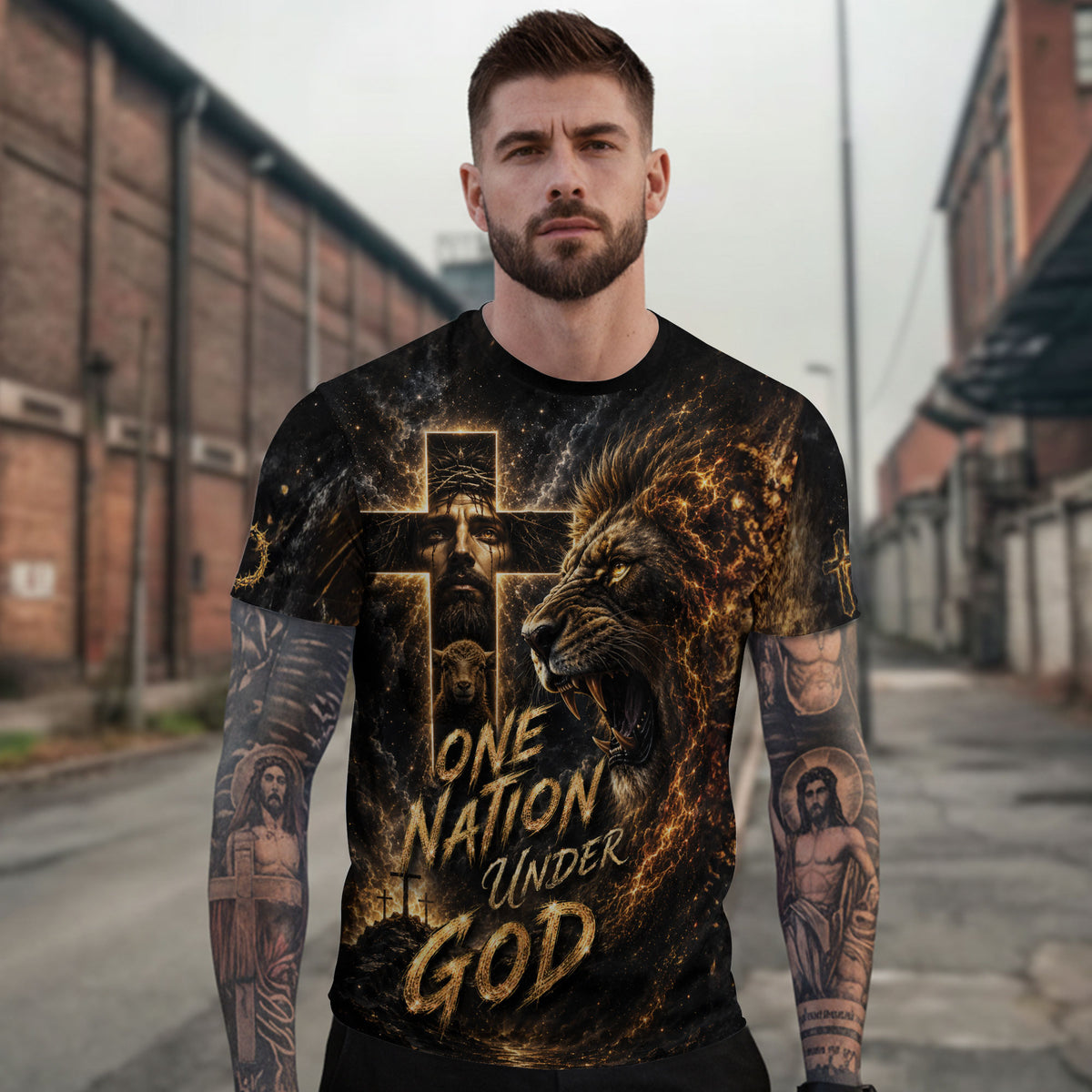 Christian Tee Shirts, Christian Shirts for Men - One Nation Under God Christian Jesus Lion Lamb Cross Graphic Tee - Rust Field Wear