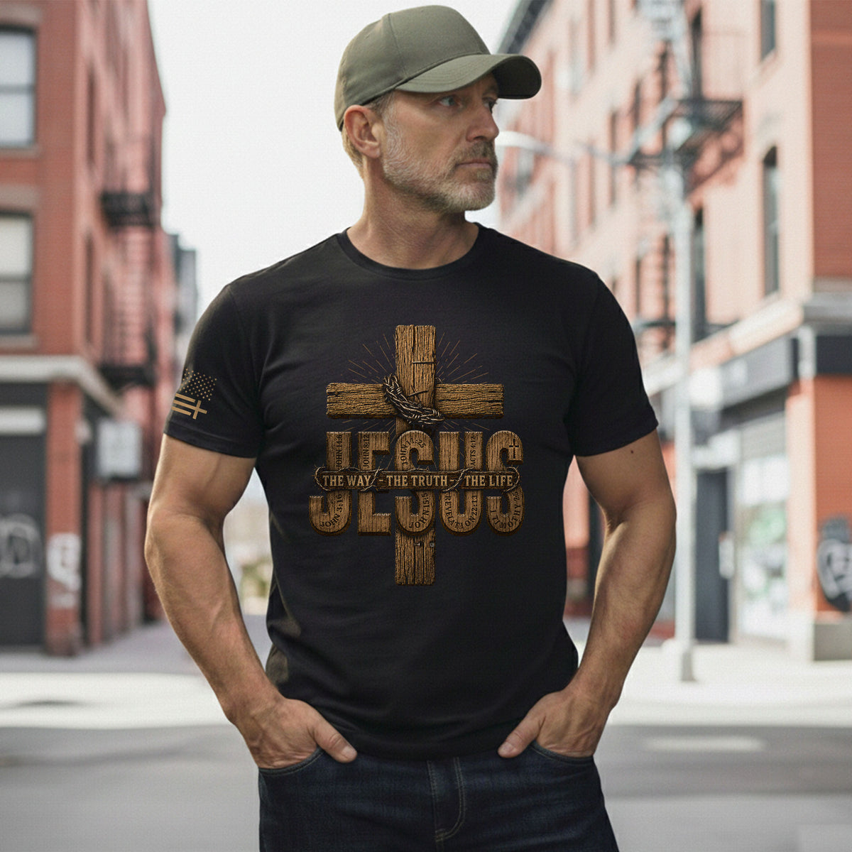 Jesus The Way The Truth The Life Wooden Cross Scripture Christian Graphic Tee Men - Rust Field Wear