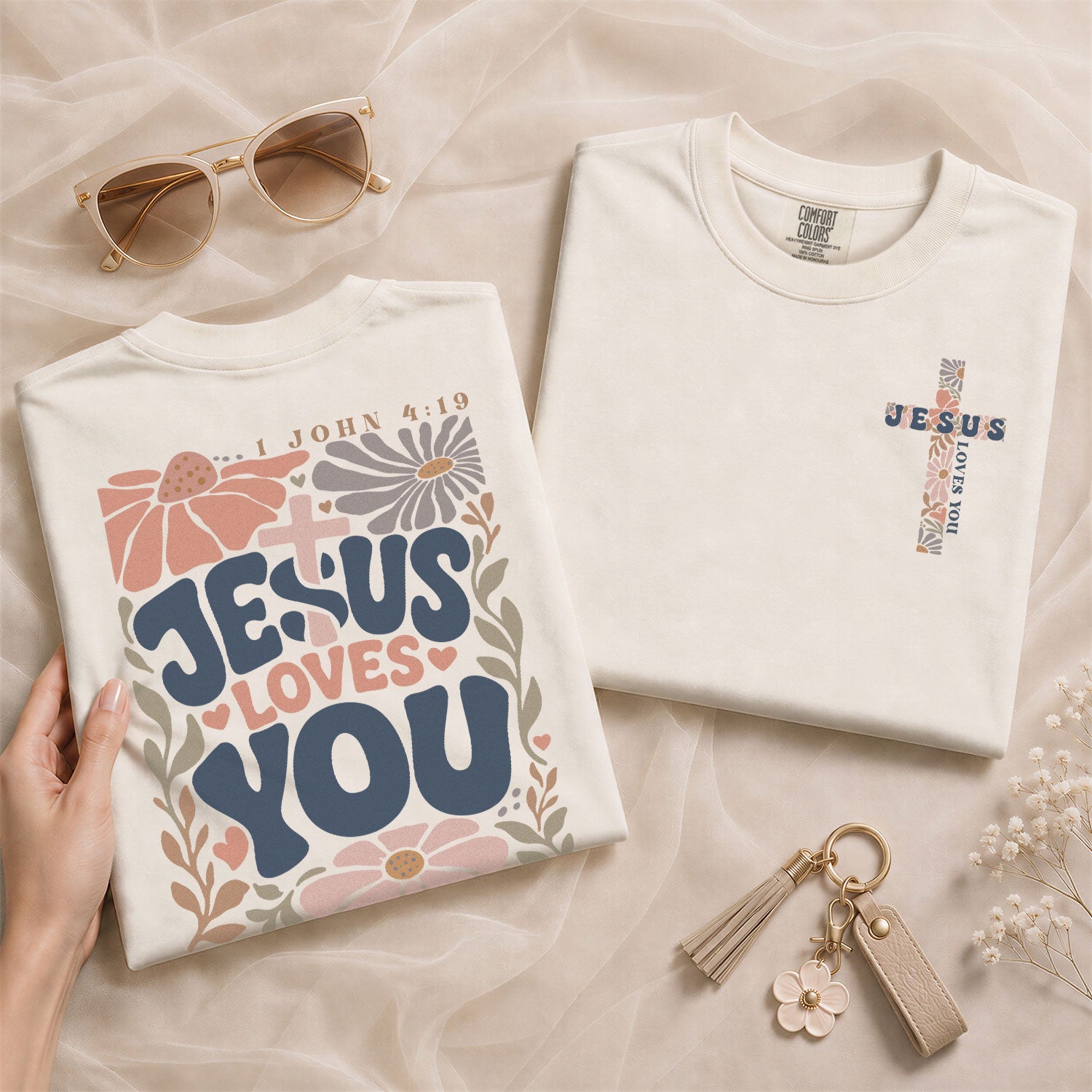 Jesus Loves You Retro Floral Cross Christian Graphic Casual Basic Tee Shirt Women - Rust Field Wear