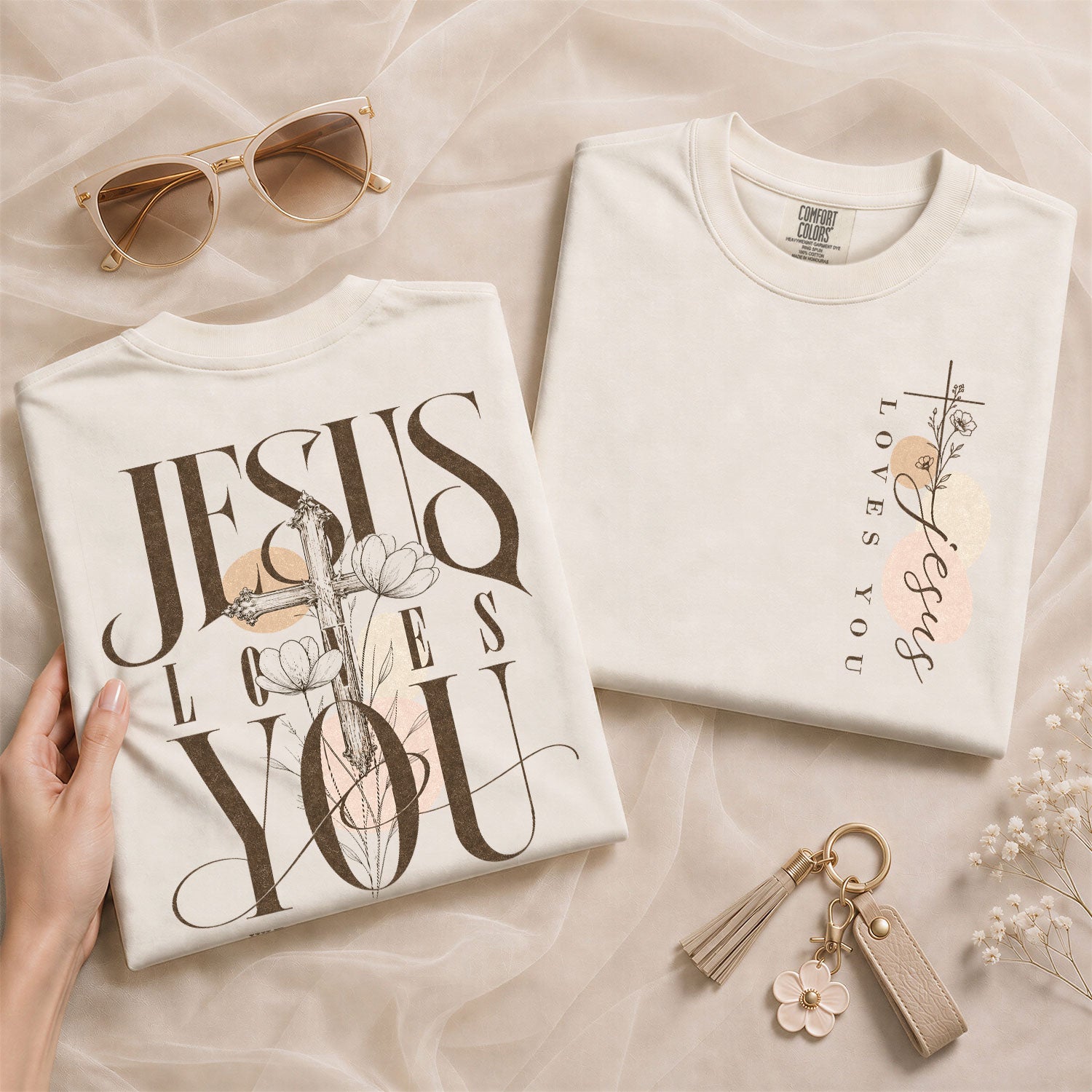 Jesus Loves You Cross Floral Christian Graphic Everyday Tee Shirt For Women Apparel - Rust Field Wear