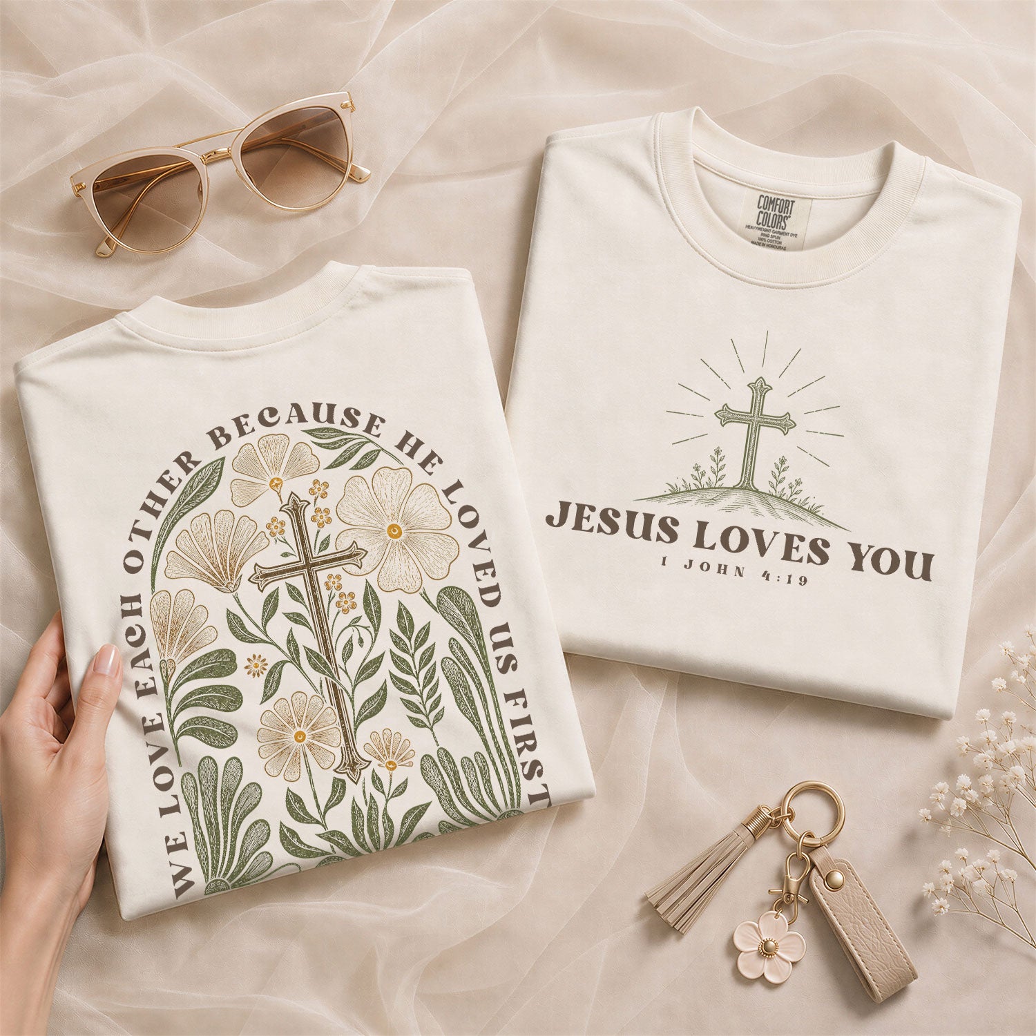 Jesus Loves You 1 John 4 19 Cross Floral Christian Graphic Casual Tee Shirt Women - Rust Field Wear