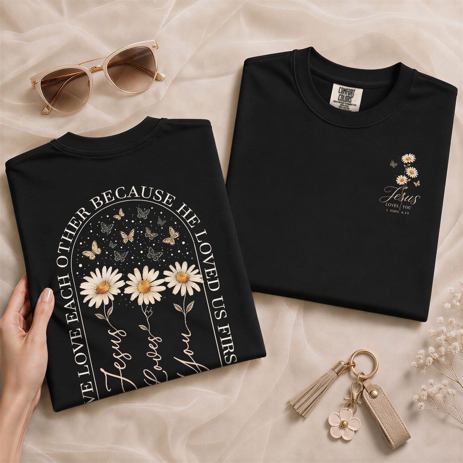 Jesus Loves You Daisy Butterfly Floral Christian Graphic Casual Basic Tee Shirt Women - Rust Field Wear