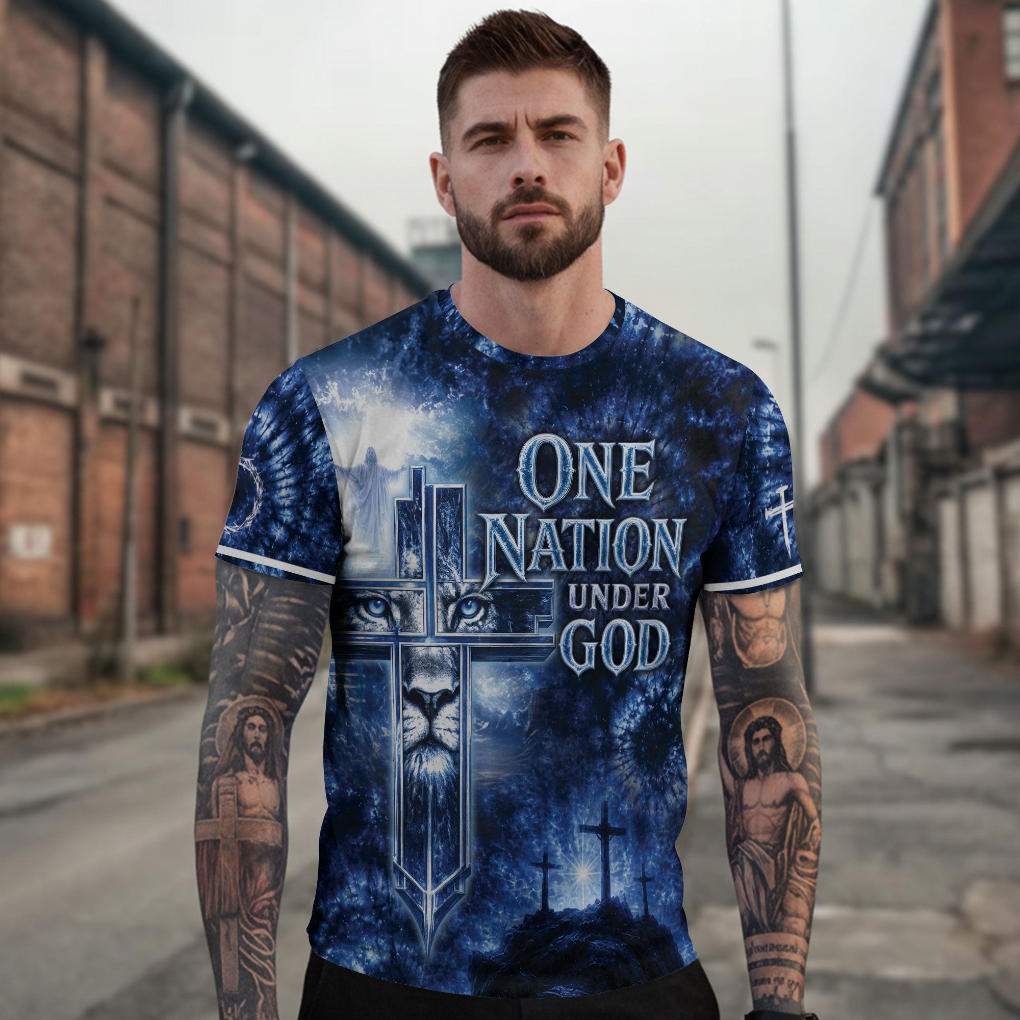 One Nation Under God Lion Cross Christian Jesus Patriotic Graphic Faith Graphic, Christian Tee Shirts - Christian Shirts for Men - Rust Field Wear
