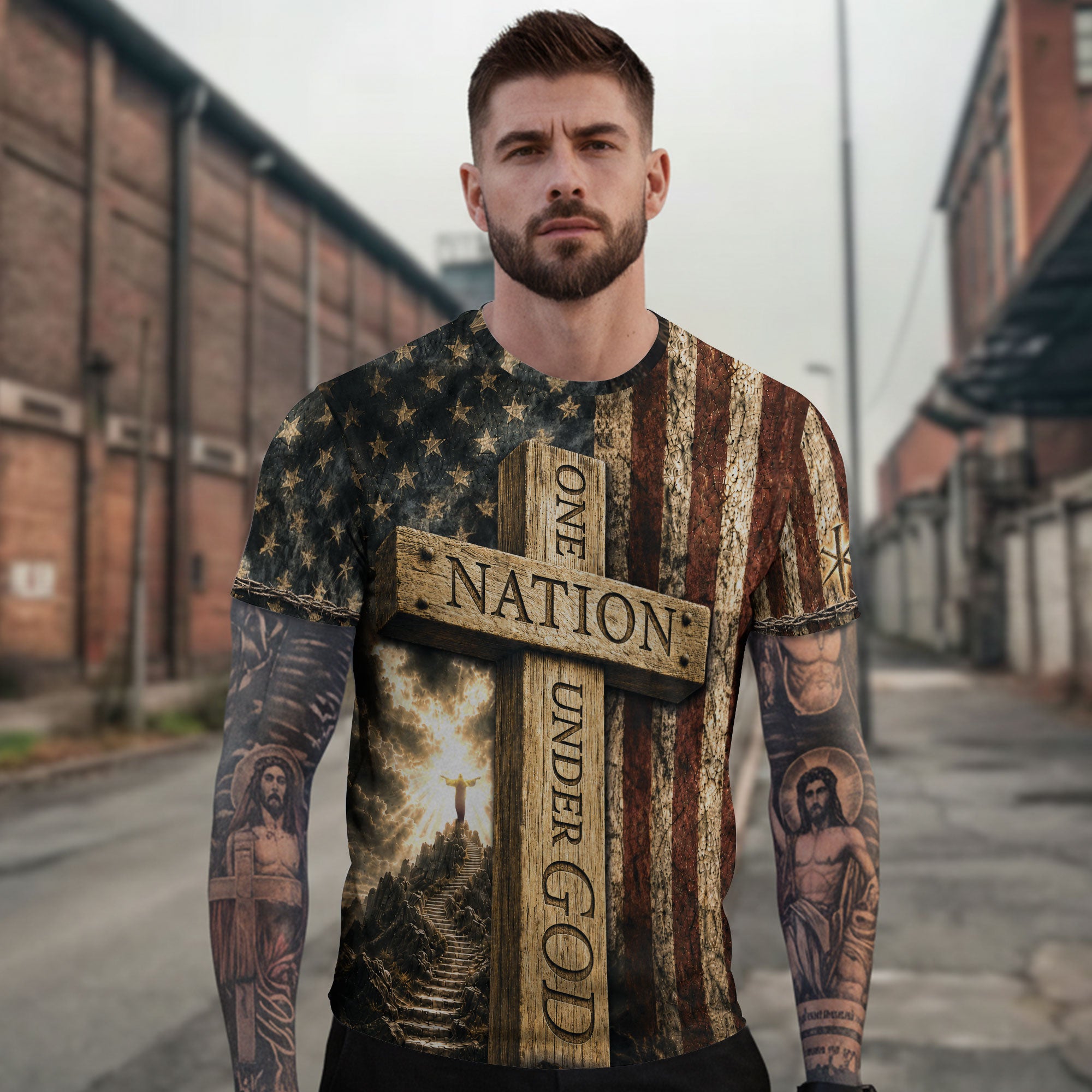 Christian Tee Shirts - One Nation Under God Cross Flag Lamb Christian Patriotic, Christian Shirts for Men - Rust Field Wear