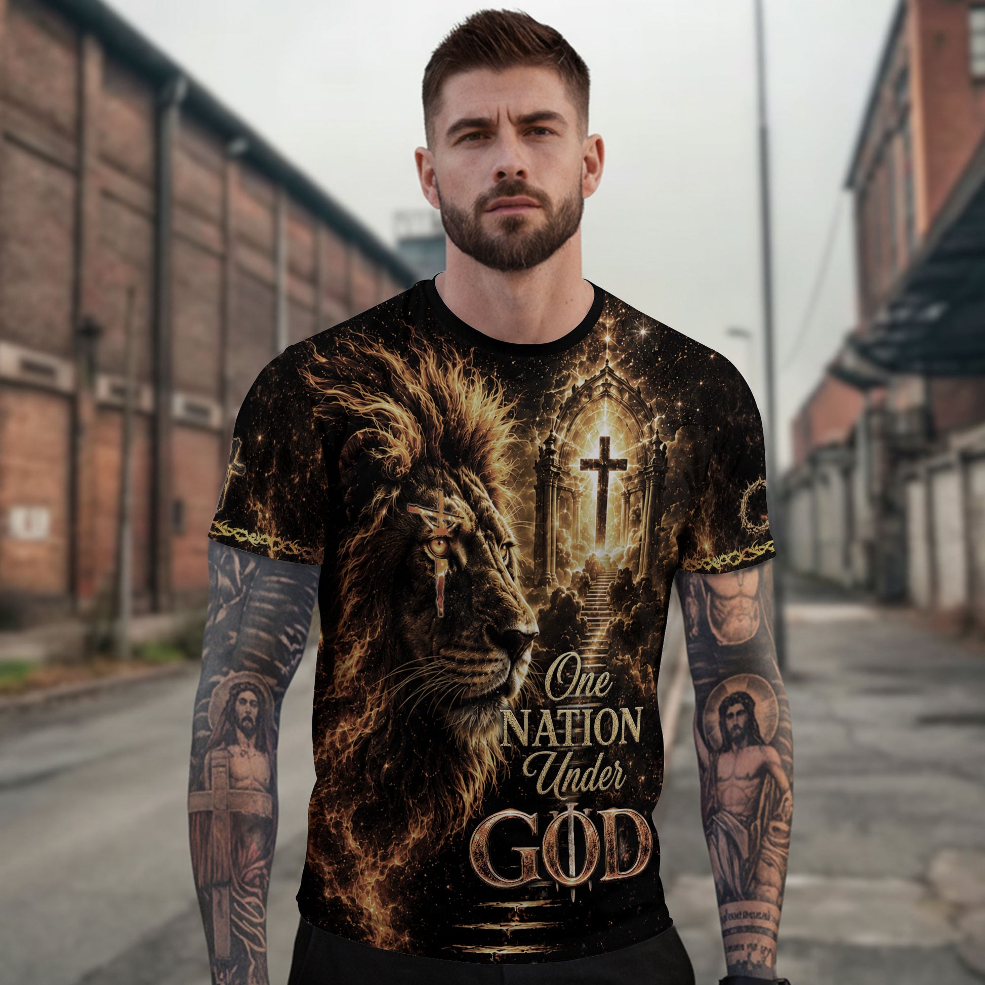 One Nation Under God Lion Cross Christian Jesus Fiery Graphic Christian Faith Design - Christian Tee Shirts, Christian Shirts for Men - Rust Field Wear