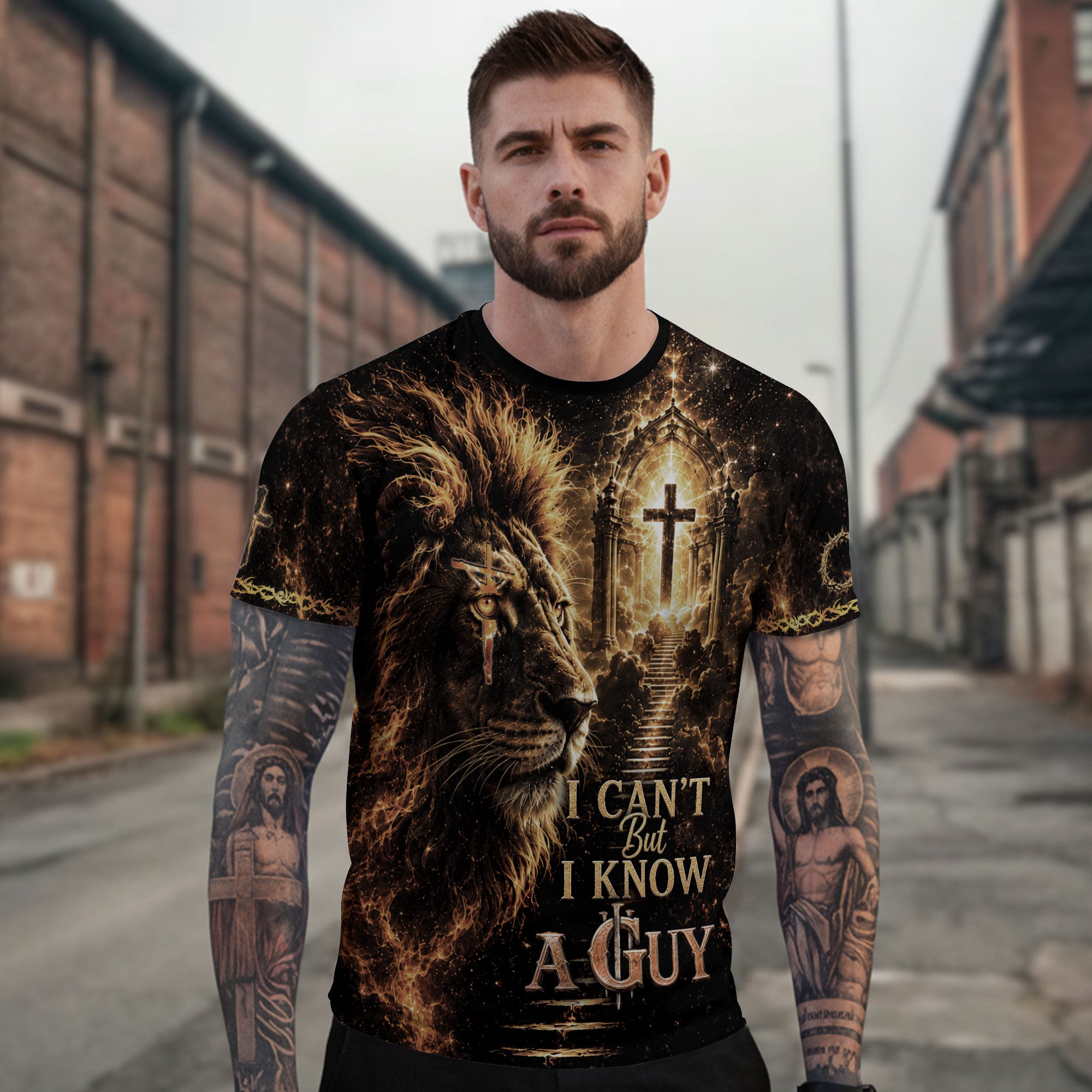 I Can't But I Know A Guy Lion Cross Christian Jesus Fiery - Christian Tee Shirts, Christian Shirts for Men - Rust Field Wear