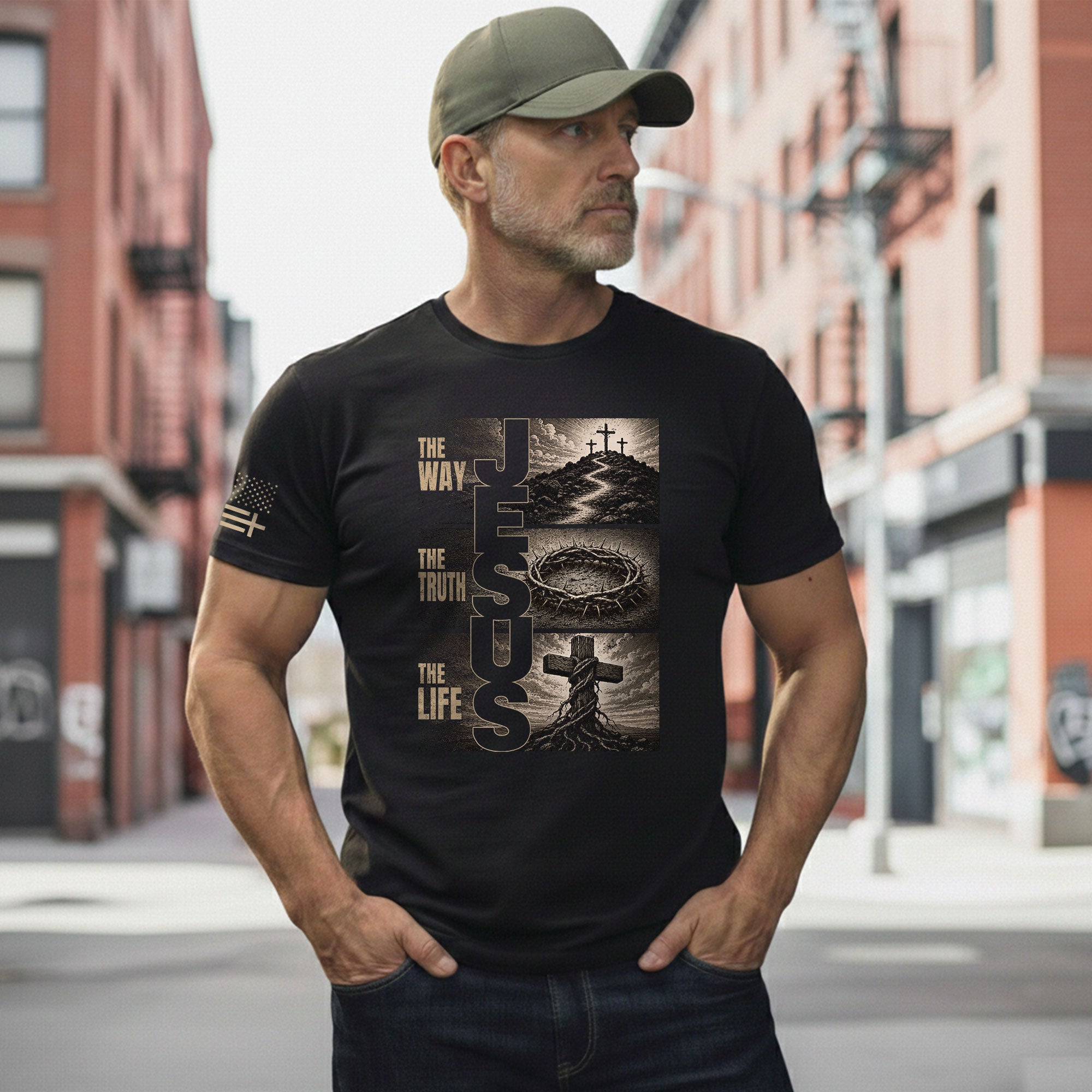 Jesus The Way The Truth The Life Shirt Men Christian T-Shirt Cross Crown Thorns Graphic Tee