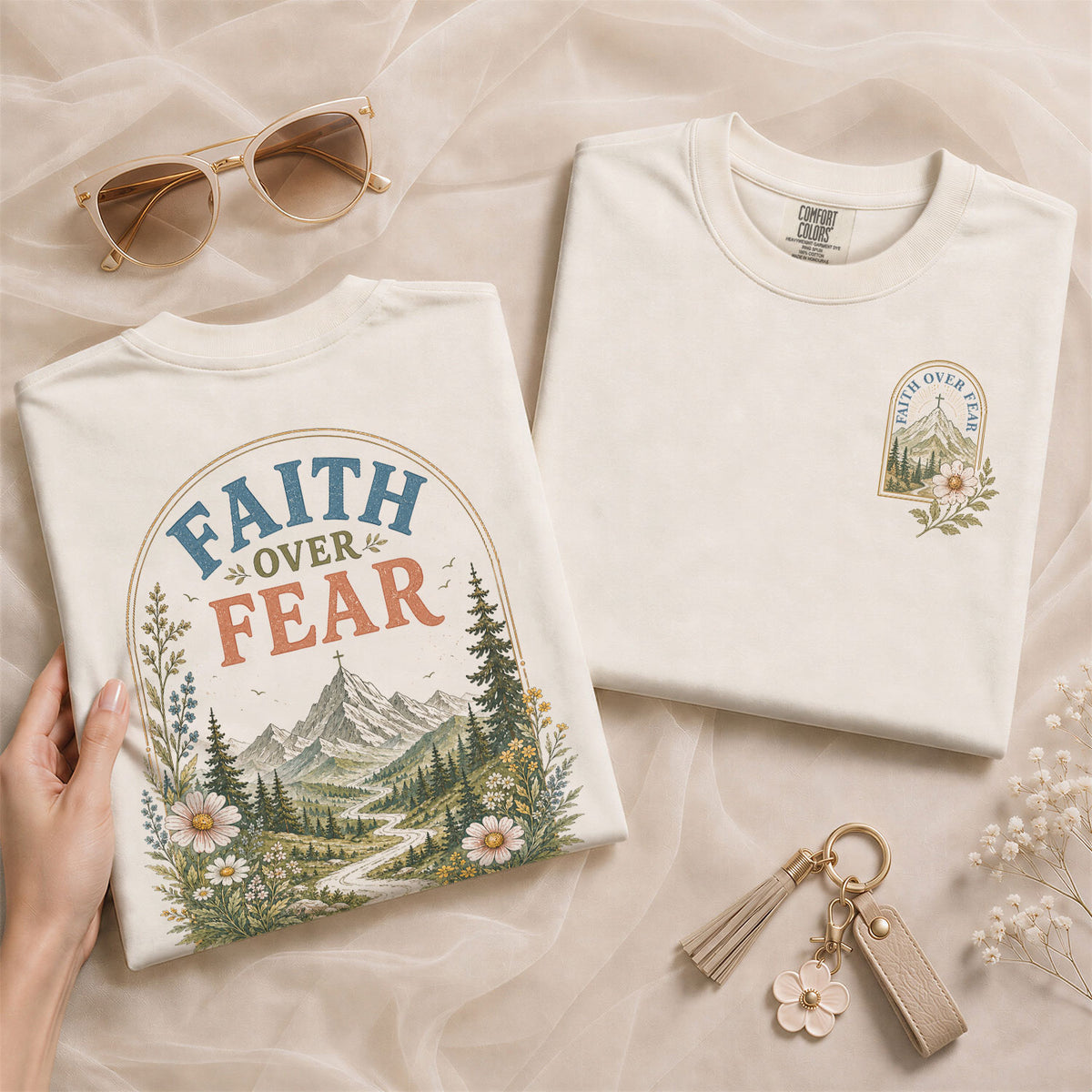 Inspirational Christian Faith Over Fear Mountain Aesthetic Women Graphic Tee Shirt - Rust Field Wear