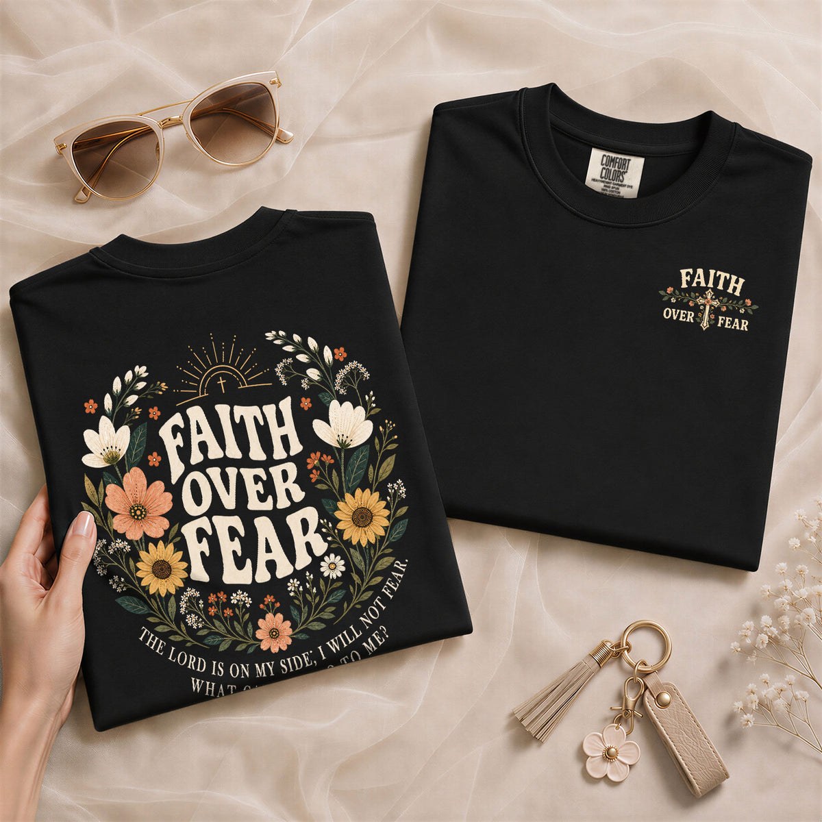 Pious Christian Faith Over Fear Floral Aesthetic Women Graphic Tee Shirt Vintage Cotton - Rust Field Wear