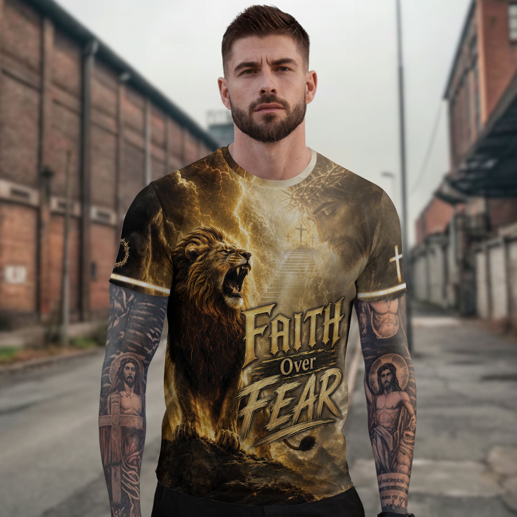 Faith Over Fear Jesus Shirt Christian Lion Cross 3D All Over Print Graphic Men Tee Shirt