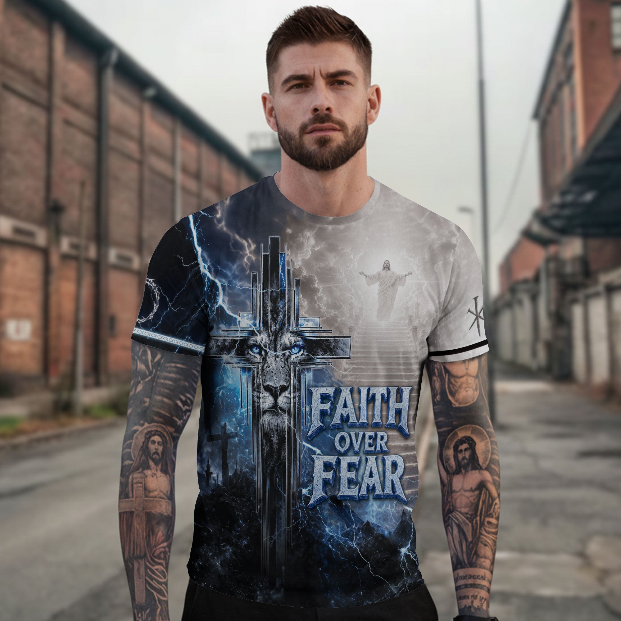 Faith Over Fear Jesus Shirt Blue Lightning Lion Cross 3D All Over Print Christian Men Apparel