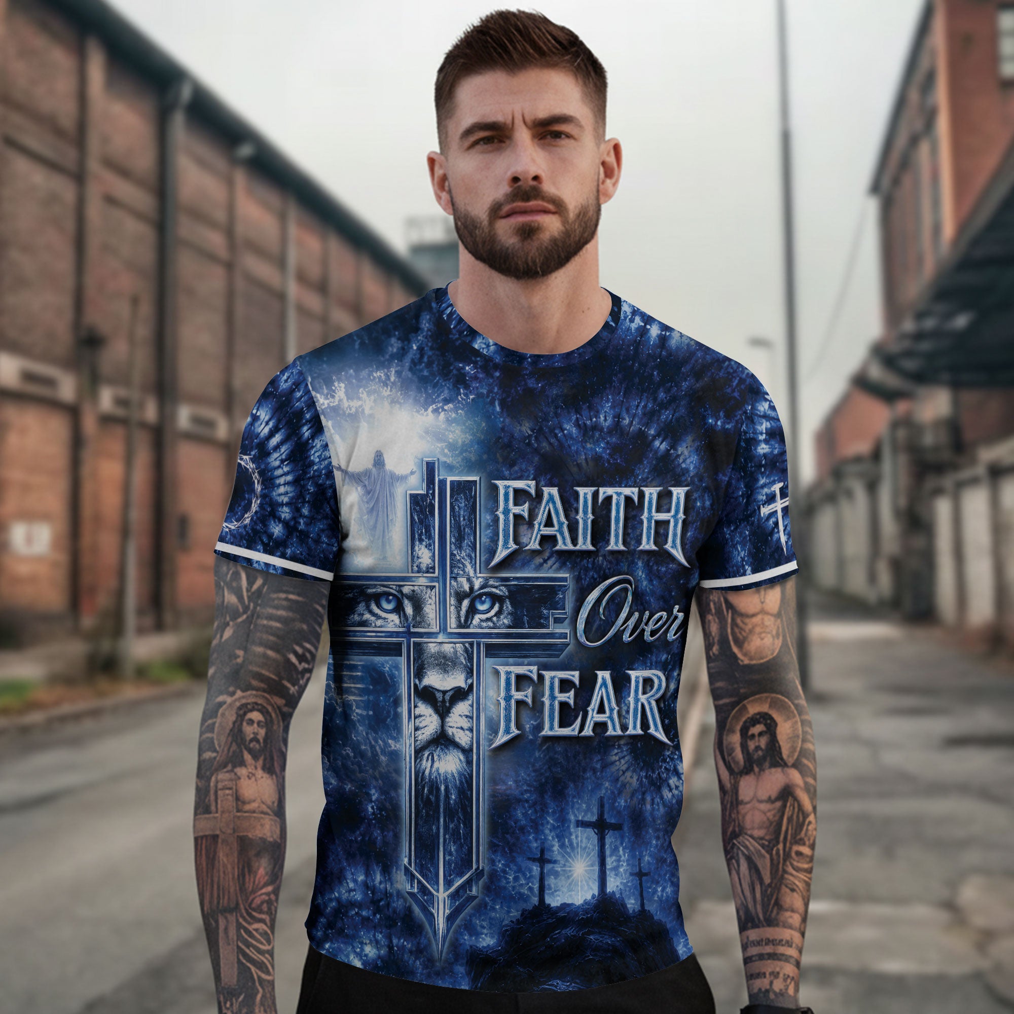 Christian Tee Shirts, Faith Over Fear Lion Cross Christian Jesus Inspirational Graphic - Christian Shirts for Men - Rust Field Wear
