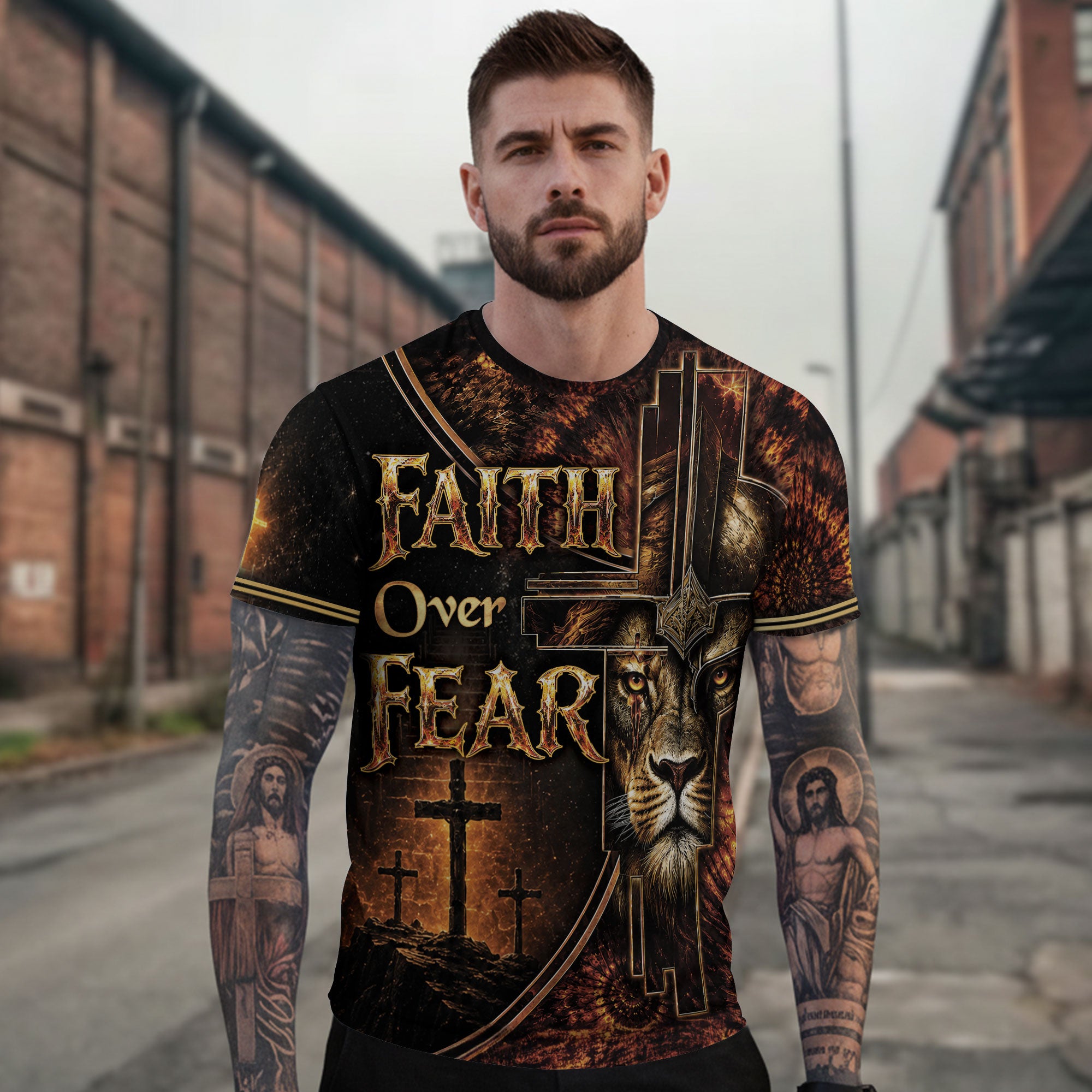 Faith Over Fear Lion Cross Christian Jesus Golden Graphic - Christian Tee Shirts, Christian Shirts for Men - Rust Field Wear