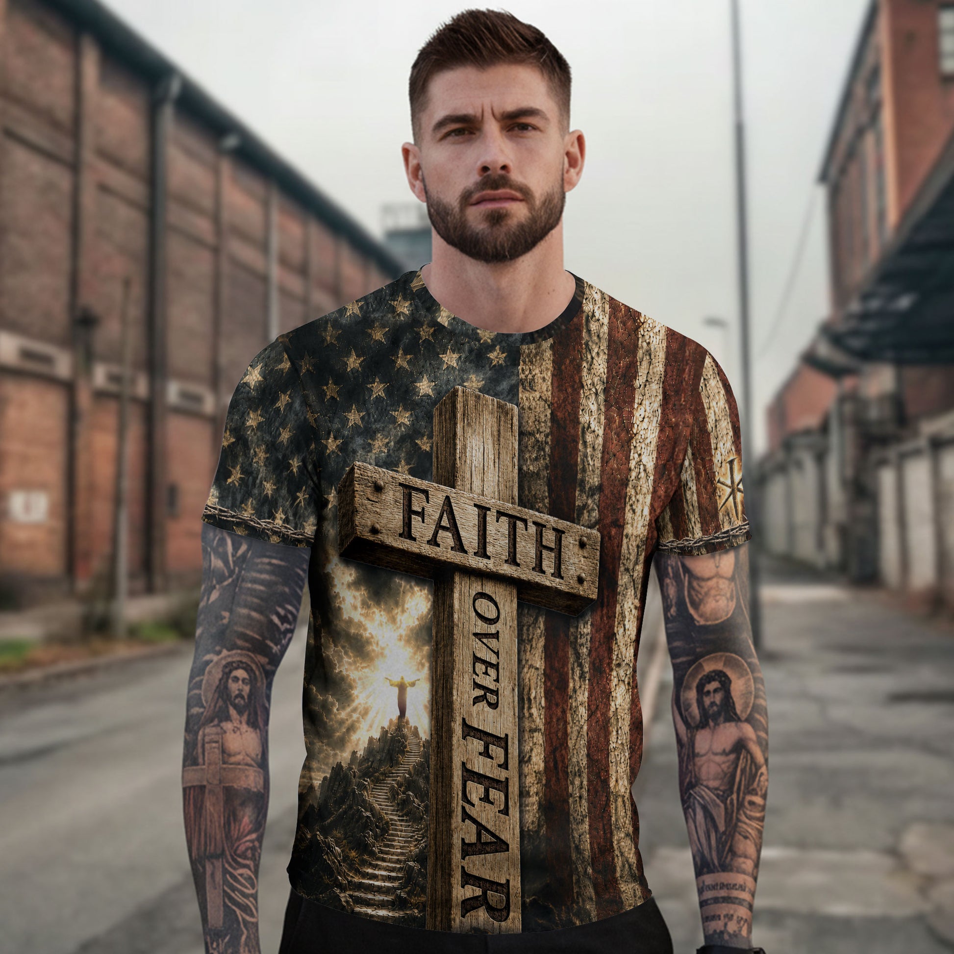 Faith Over Fear Cross Flag Lamb Christian Patriotic Graphic - Christian Shirts for Men, Christian Tee Shirts - Rust Field Wear