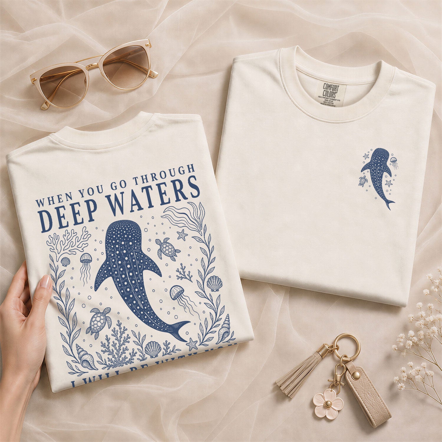 When You Go Through Deep Waters Whale Isaiah 43 2 Christian Graphic Tee Shirt Women - Rust Field Wear