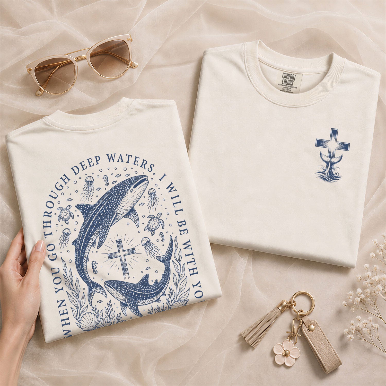 When You Go Through Deep Waters Whale Cross Christian Graphic Tee Shirt For Women - Rust Field Wear