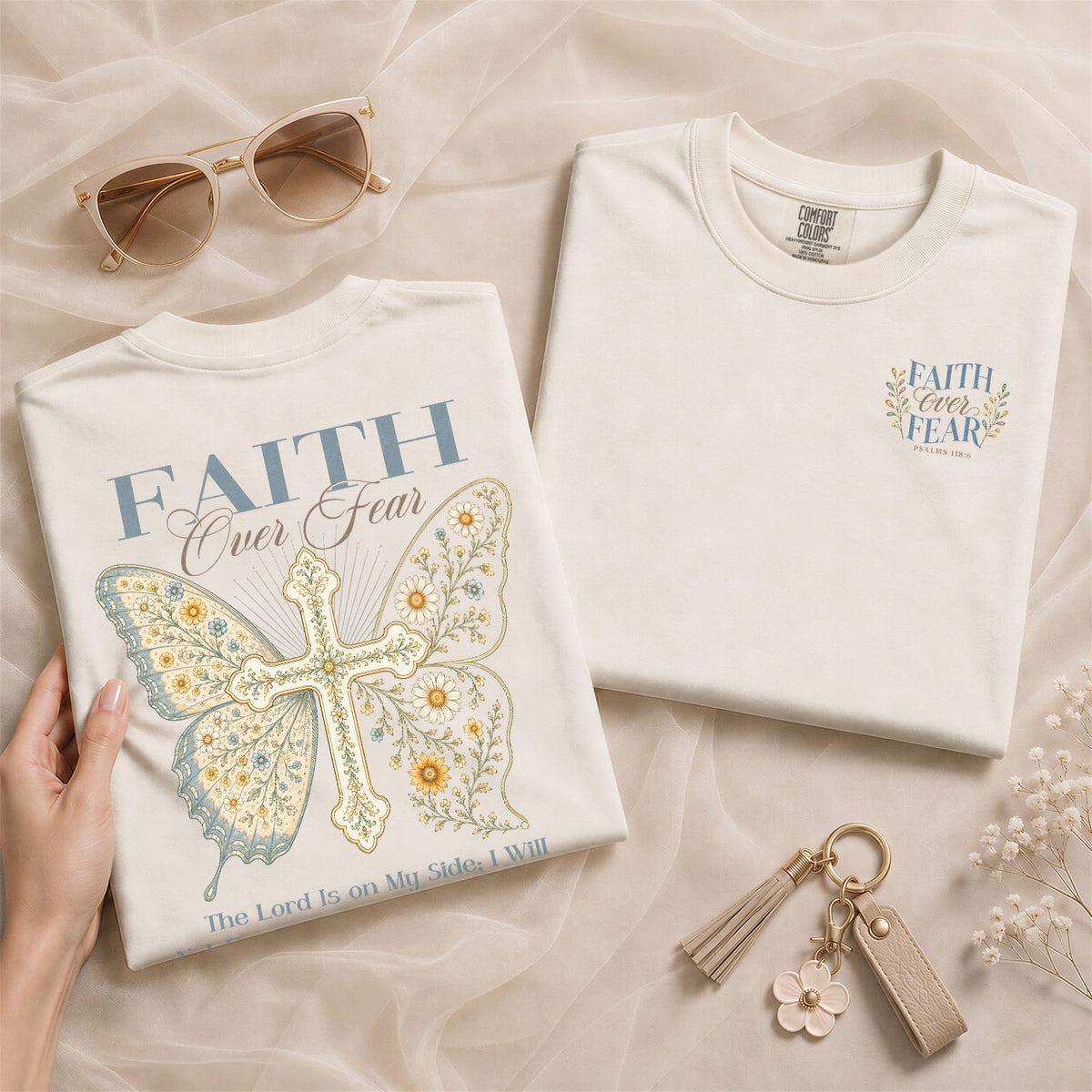 Devout Christian Faith Over Fear Butterfly Aesthetic Women Graphic Tee Vintage Cotton - Rust Field Wear