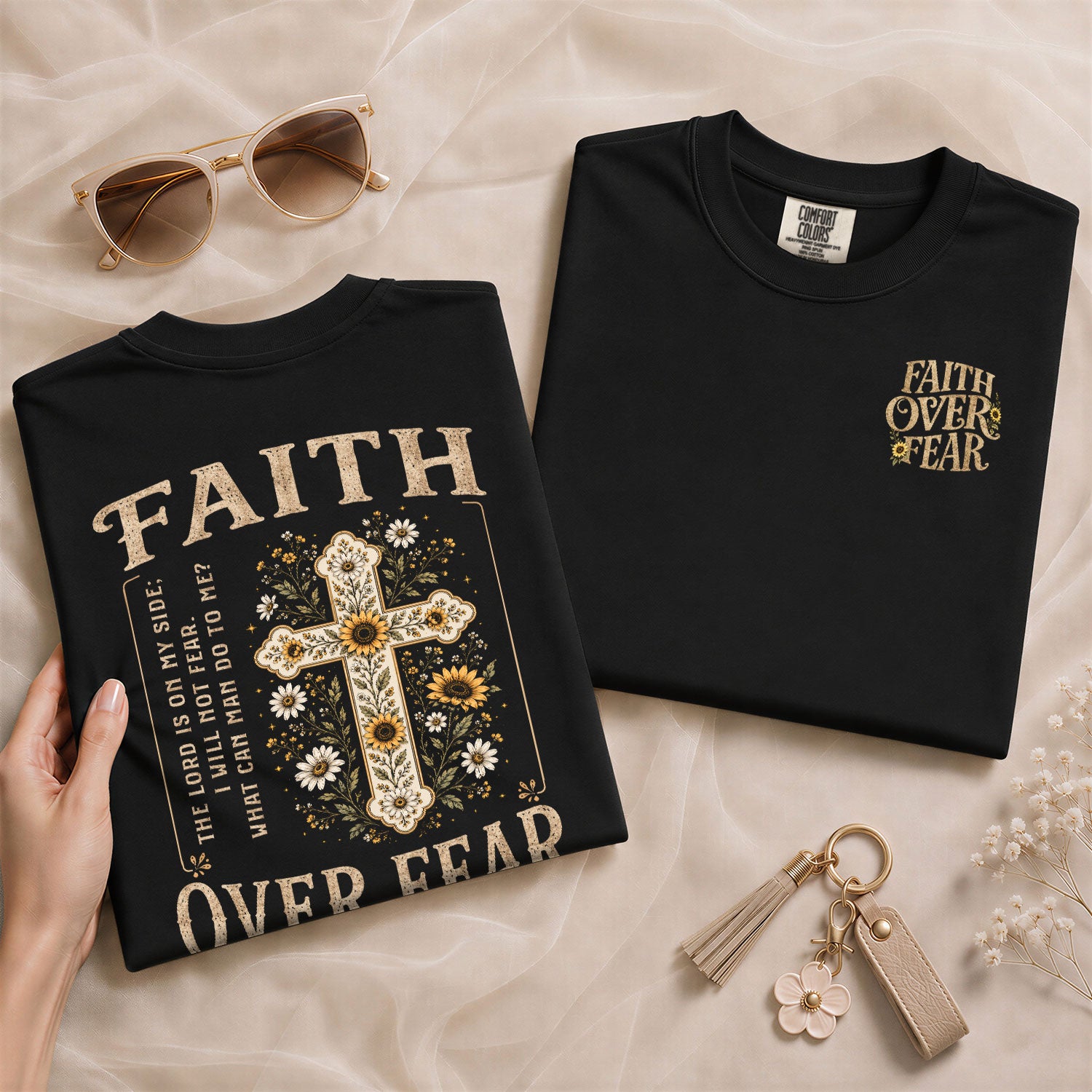 Faith Over Fear Shirt Women Christian Floral Cross T-Shirt Bible Verse Tee Comfort Colors
