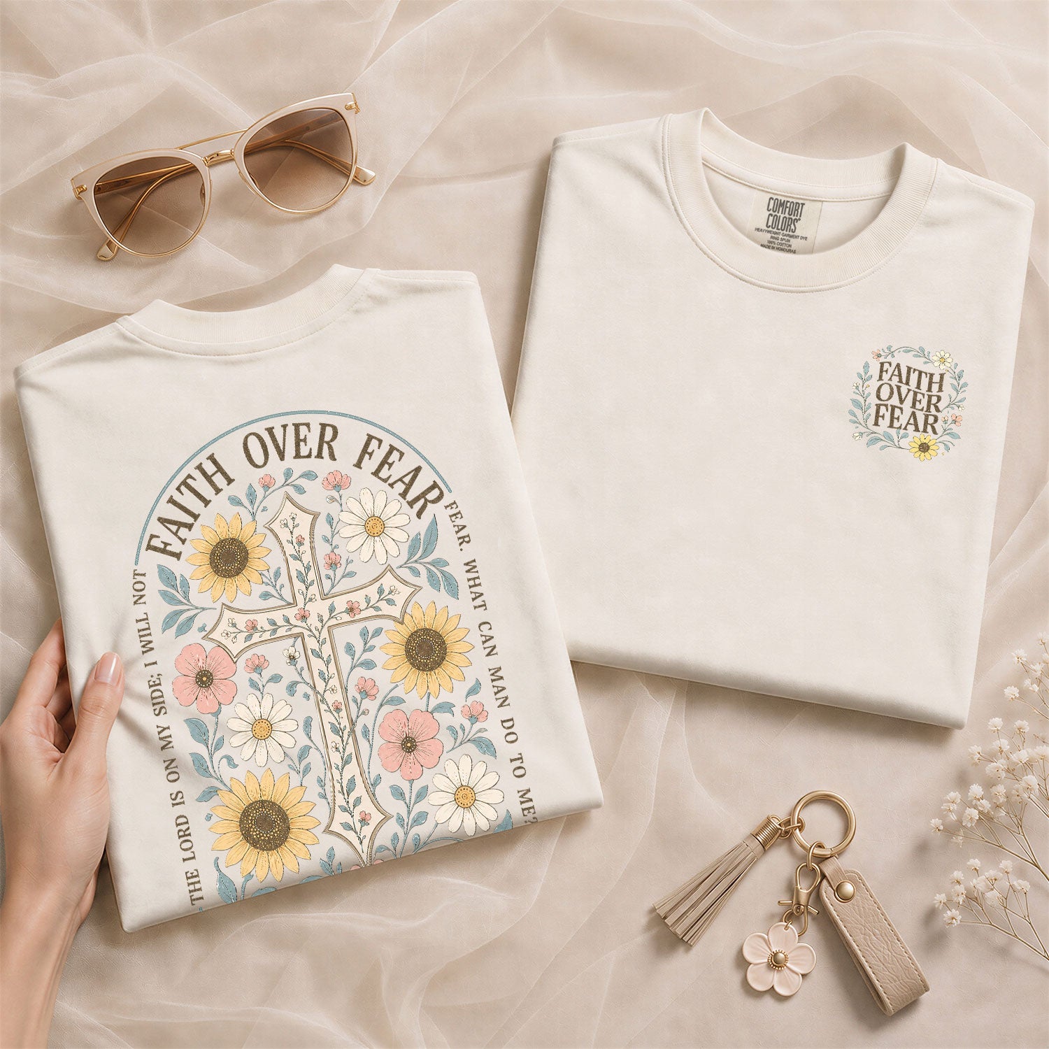Christian T-Shirt Women Floral Cross Graphic Tee Faith Over Fear Bible Verse Tops Sunflower