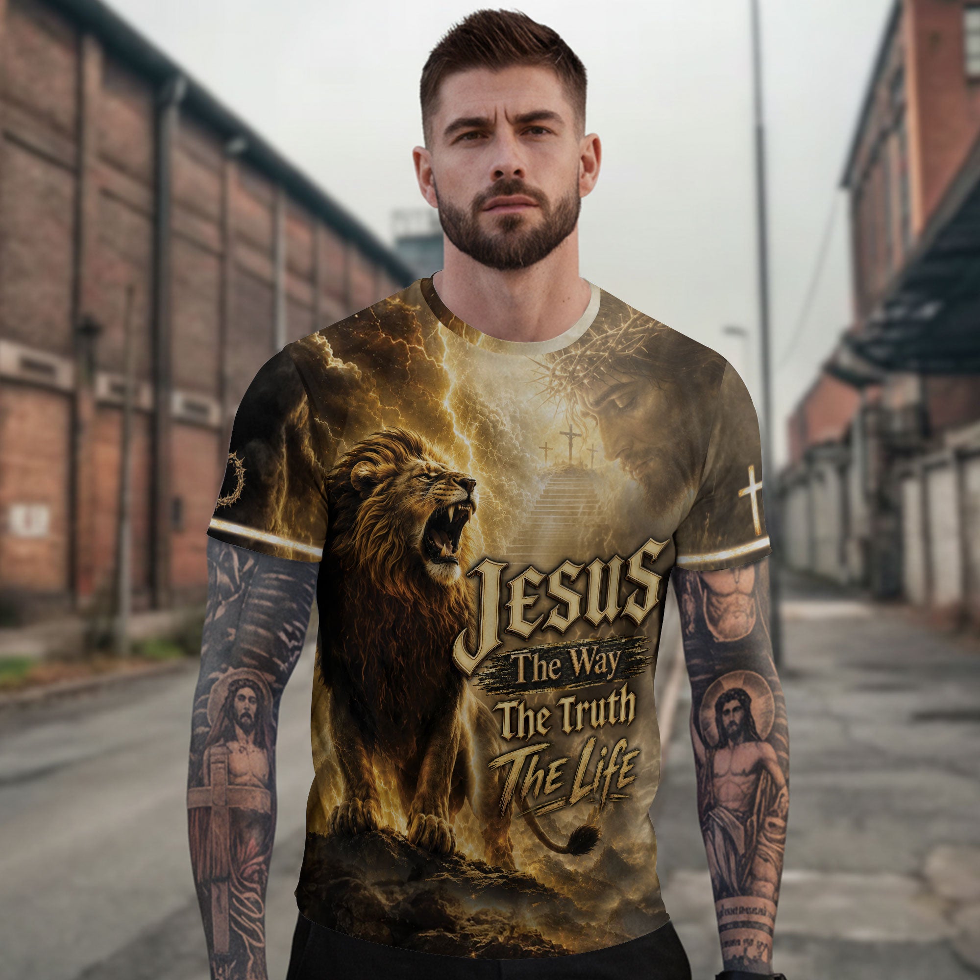 Jesus The Way Truth Life Shirt Christian Roaring Lion Cross 3D All Over Print Graphic Men