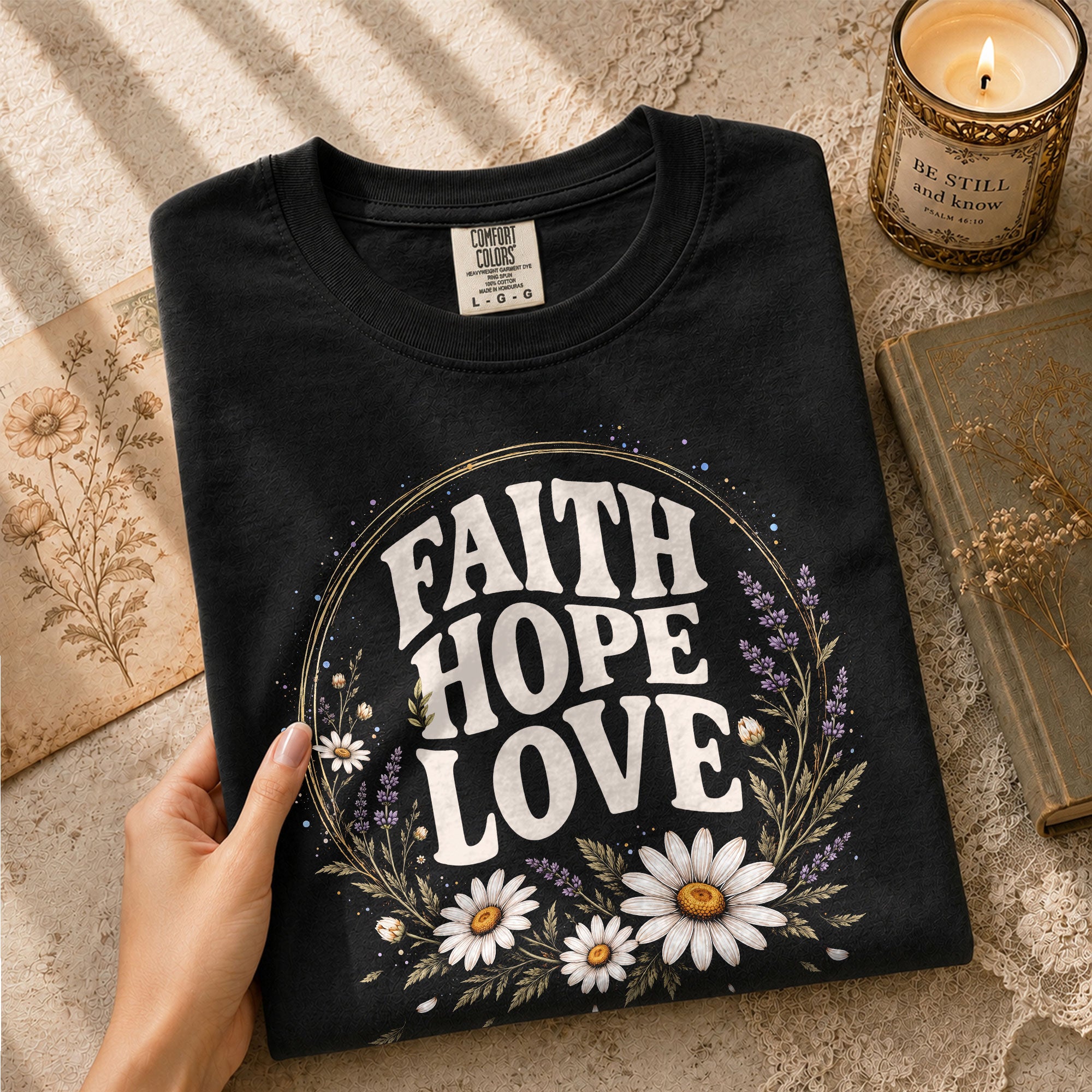 Faith Hope Love T-Shirt Christian Women Faith Shirt Floral Daisy Aesthetic Graphic - Rust Field Wear