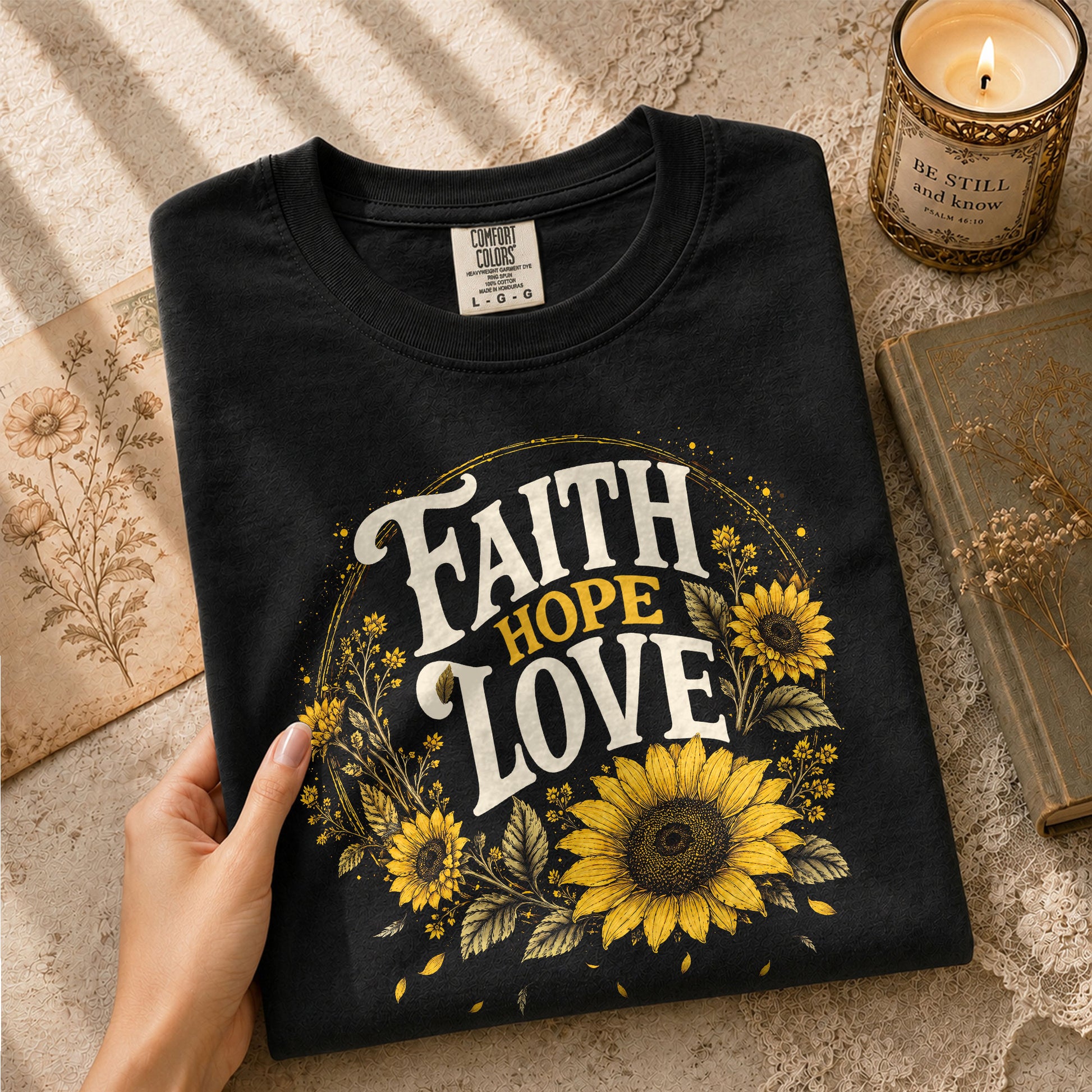 Faith Hope Love T-Shirt Christian Women Faith Shirt Sunflower Bible Verse Yellow Floral - Rust Field Wear