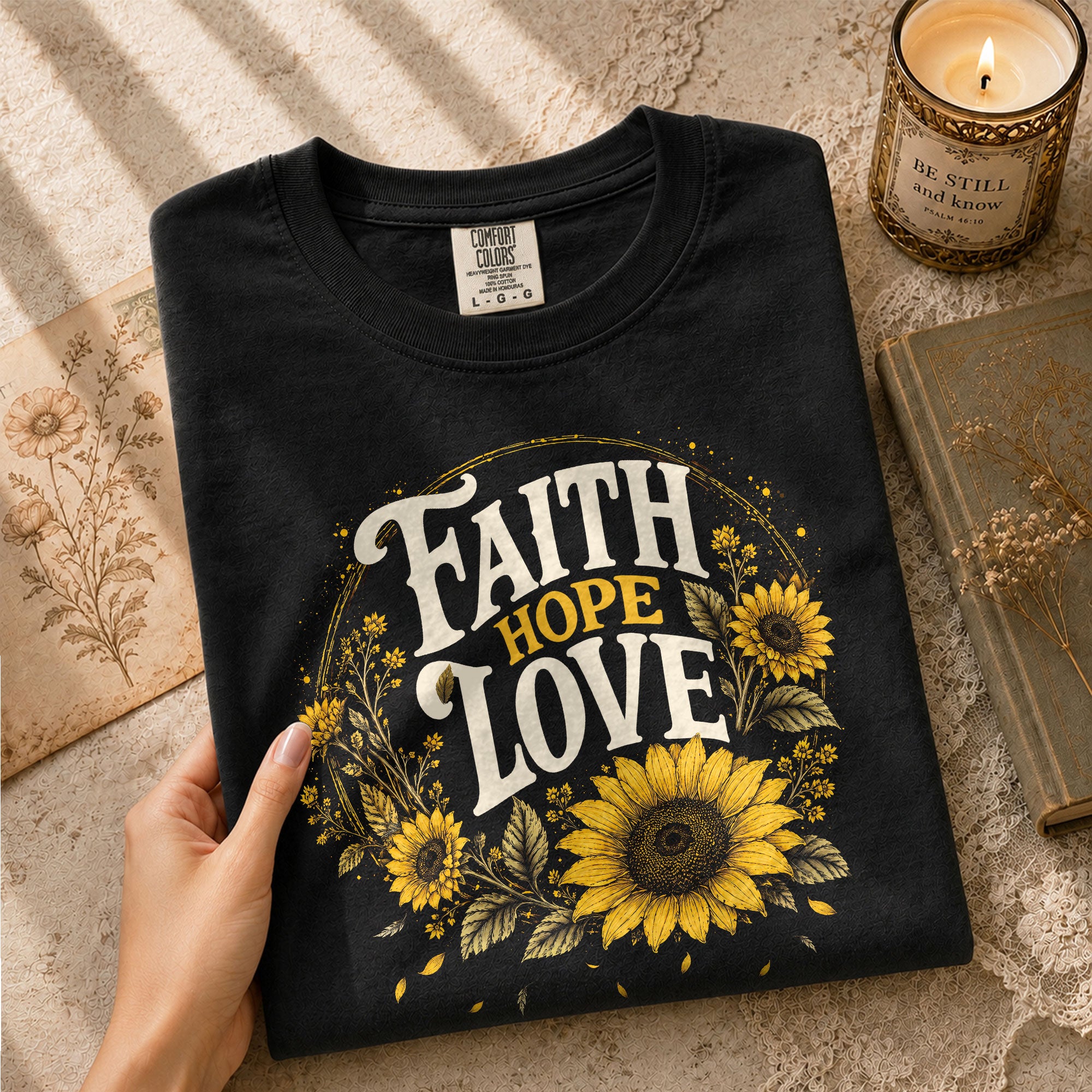 Faith Hope Love T-Shirt Christian Women Faith Shirt Sunflower Bible Verse Yellow Floral - Rust Field Wear