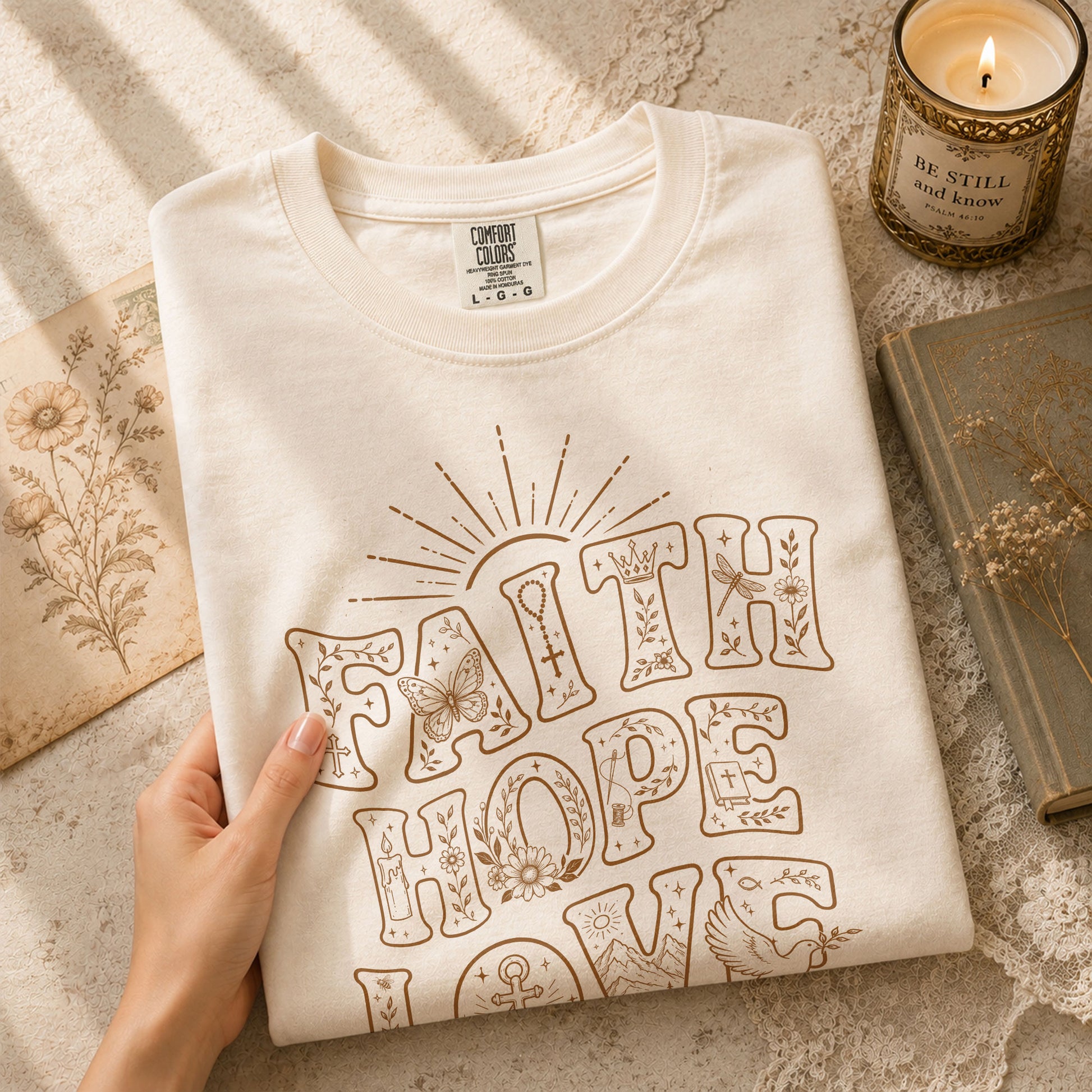 Faith Hope Love T-Shirt Christian Women Faith Shirt Aesthetic Doodle Line Art Graphic - Rust Field Wear
