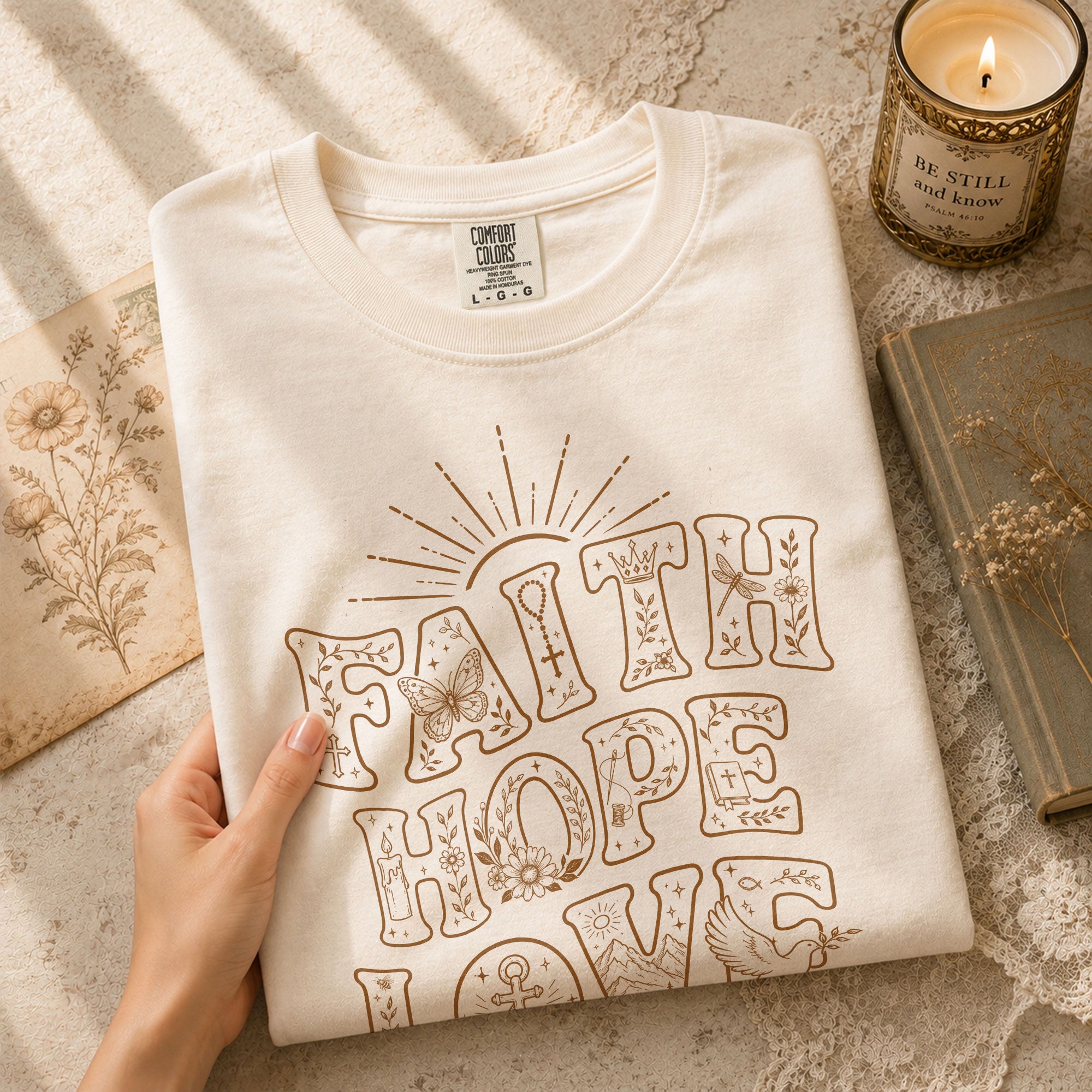 Faith Hope Love T-Shirt Christian Women Faith Shirt Aesthetic Doodle Line Art Graphic - Rust Field Wear