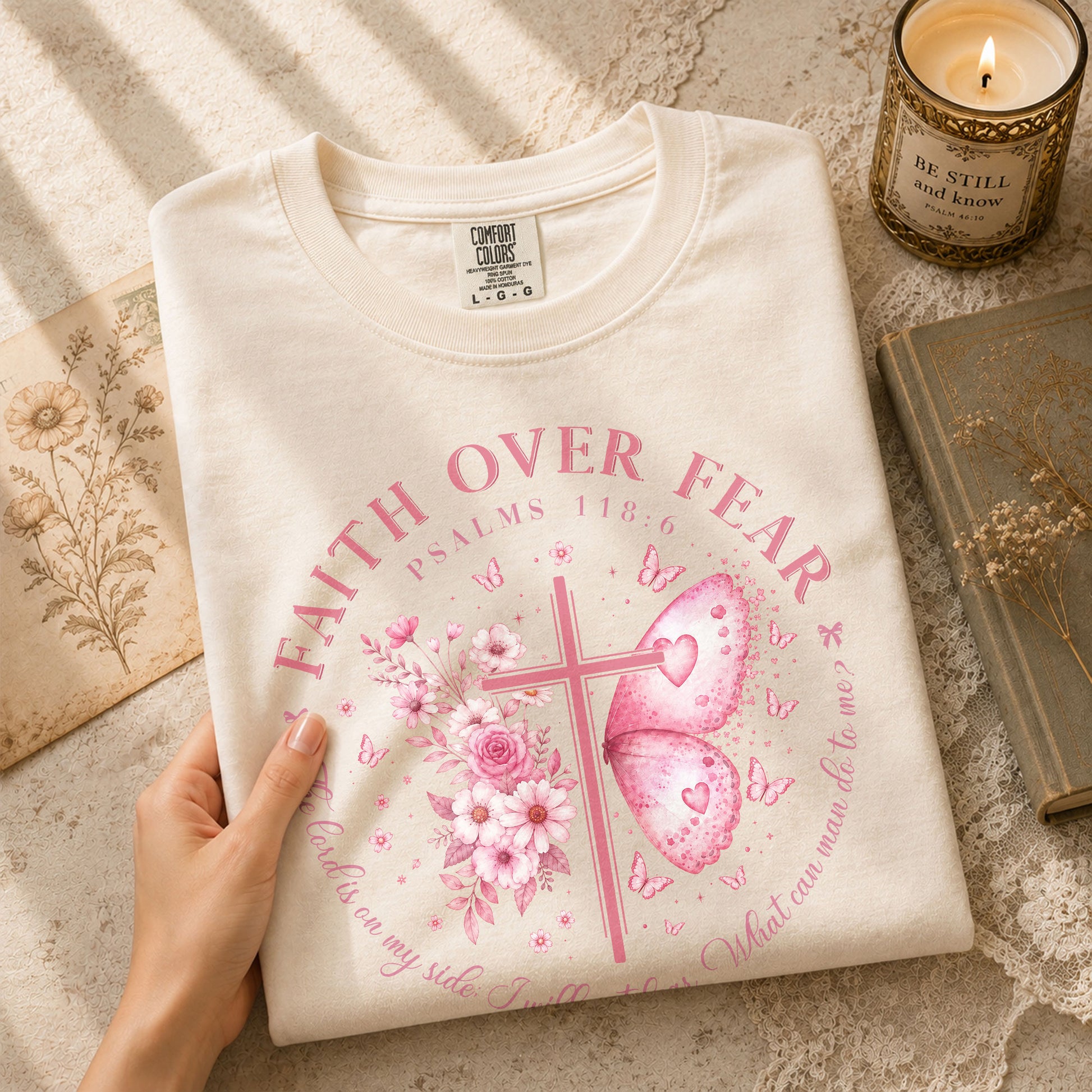 Faith Over Fear Psalms 118:6 Butterfly Cross Christian Graphic Tee For Women Apparel - Rust Field Wear