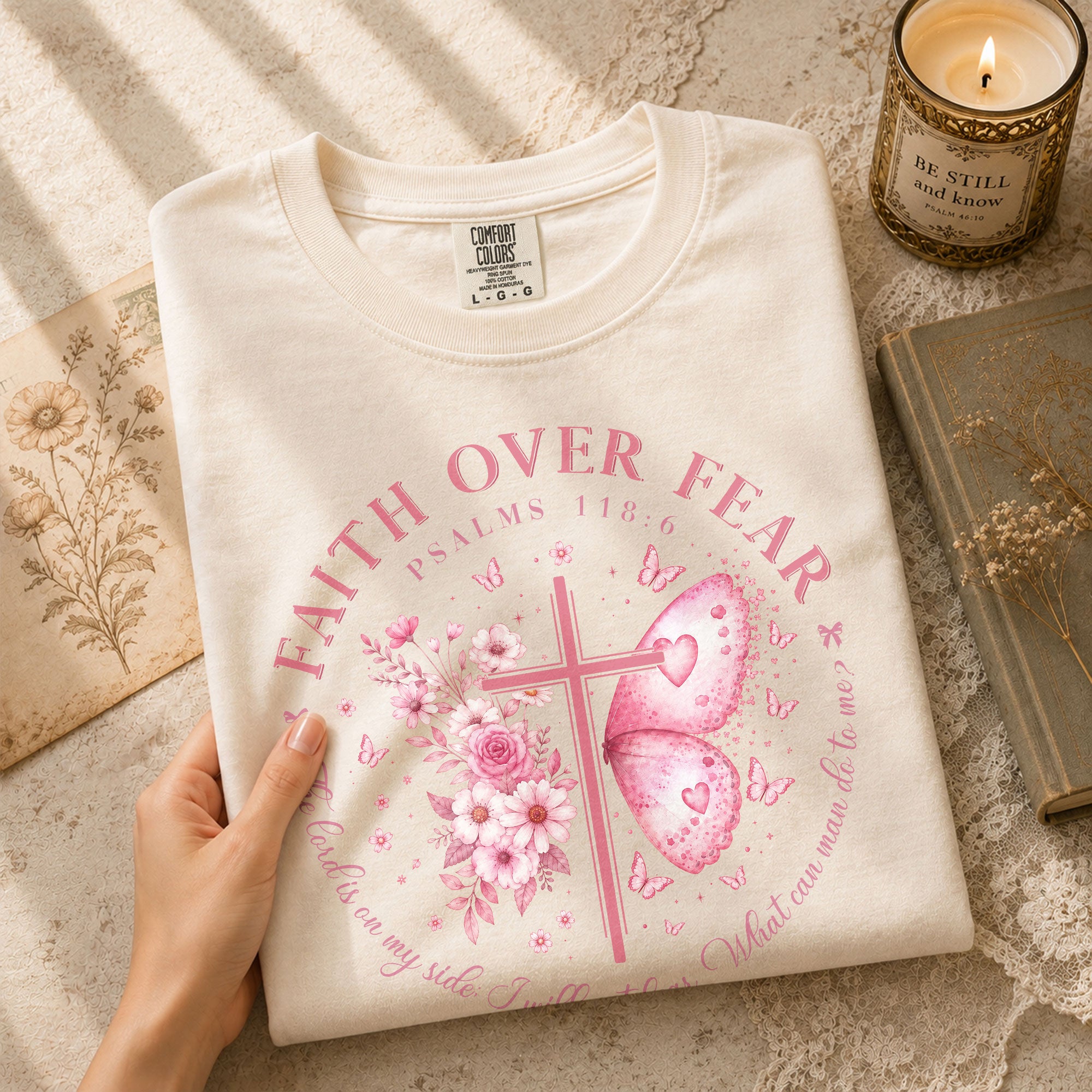 Faith Over Fear Psalms 118:6 Butterfly Cross Christian Graphic Tee For Women Apparel - Rust Field Wear