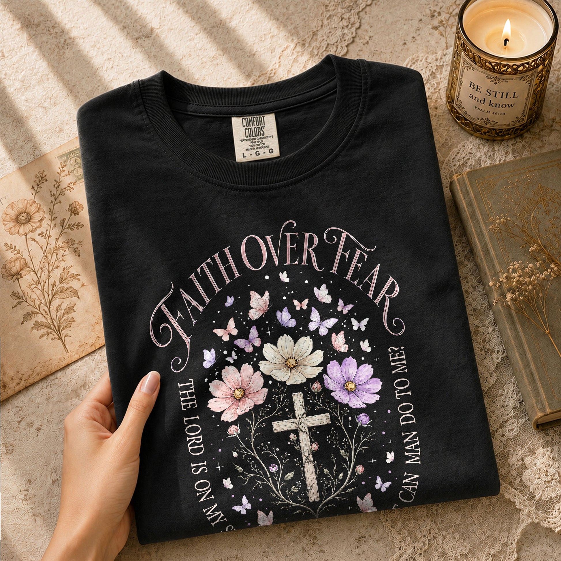 Faith Over Fear Psalms 118:6 Floral Cross Christian Graphic Tee For Women Apparel - Rust Field Wear