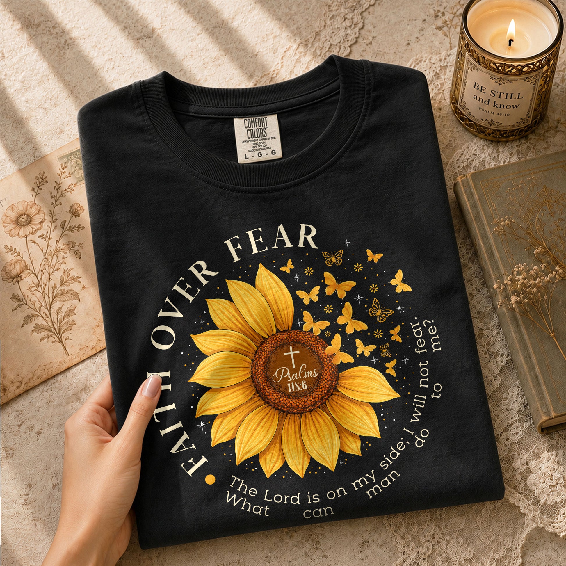 Faith Over Fear Psalms 118:6 Sunflower Butterfly Christian Graphic Tee For Women - Rust Field Wear