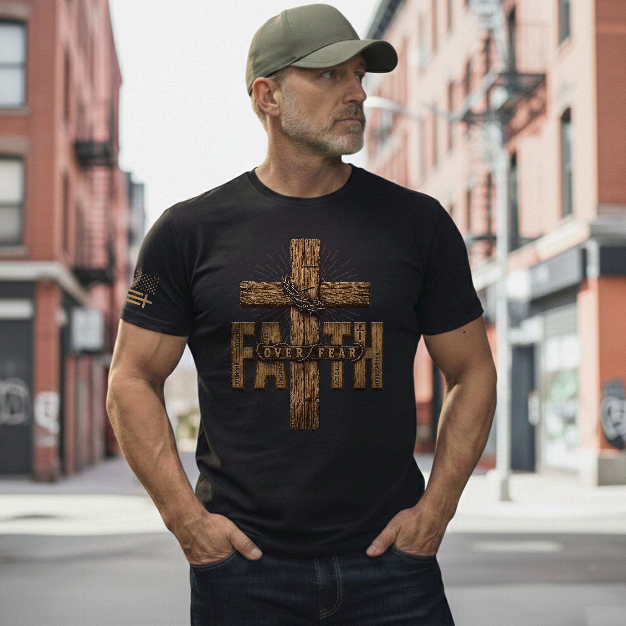 Faith Over Fear Wood Cross Scripture Christian Graphic Tee Shirt For Men Apparel - Rust Field Wear