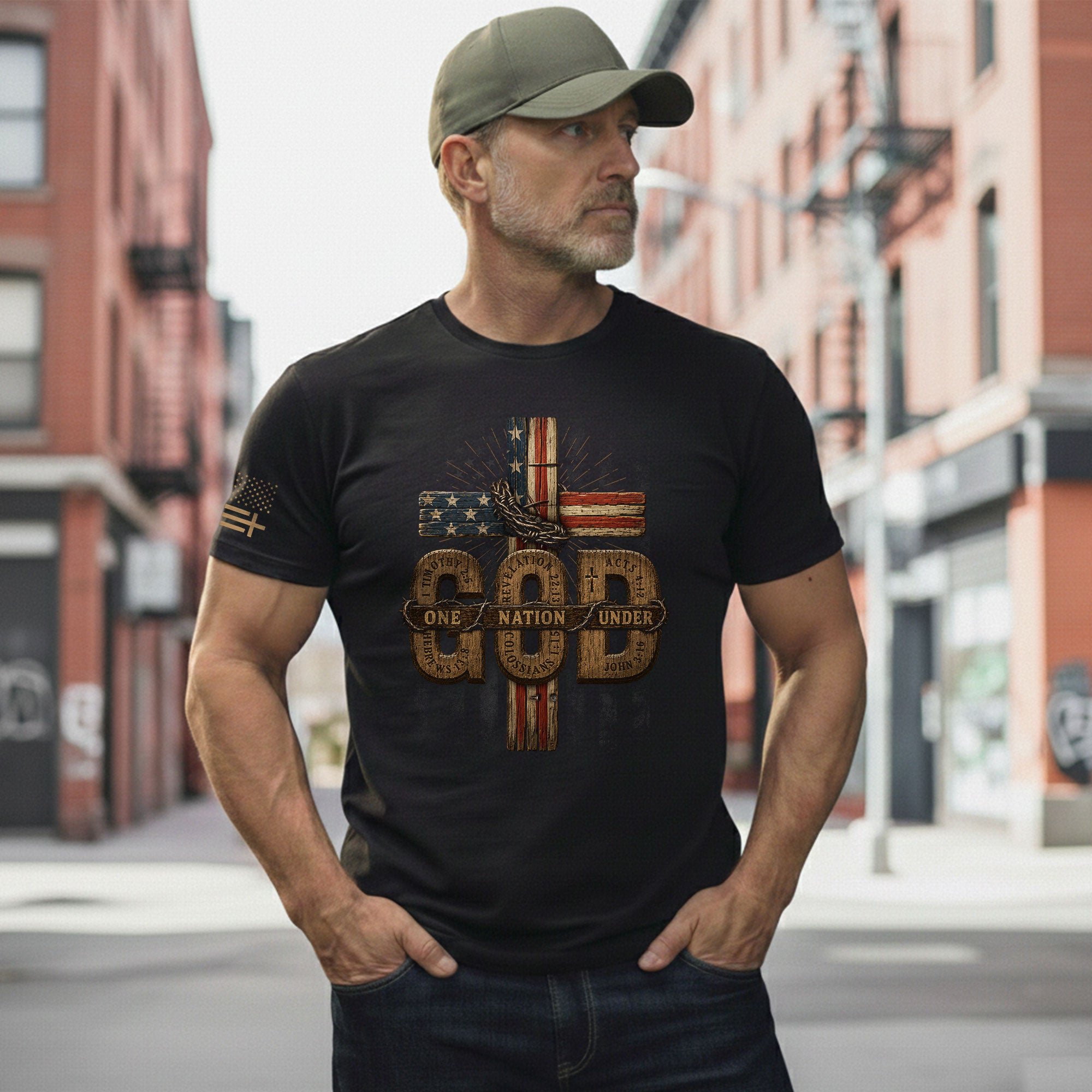 One Nation Under God USA Flag Cross Christian Graphic Tee Shirt For Men Faith Wear - Rust Field Wear