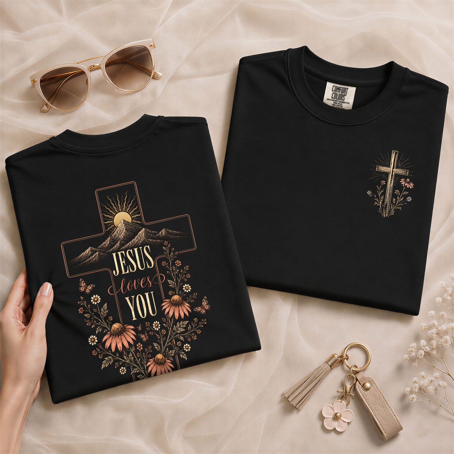 Jesus Loves You Cross Mountain Floral Christian Graphic Tee Shirt For Women Apparel - Rust Field Wear
