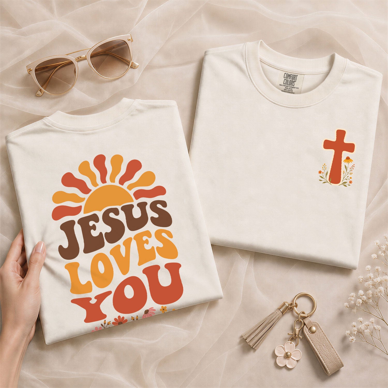 Jesus Loves You Retro Sun Floral Christian Graphic Tee Shirt For Women Everyday Wear - Rust Field Wear