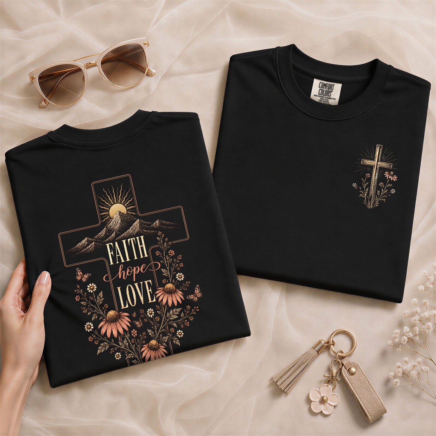 Faith Hope Love Cross Mountain Floral Christian Graphic Tee Shirt For Women Apparel - Rust Field Wear