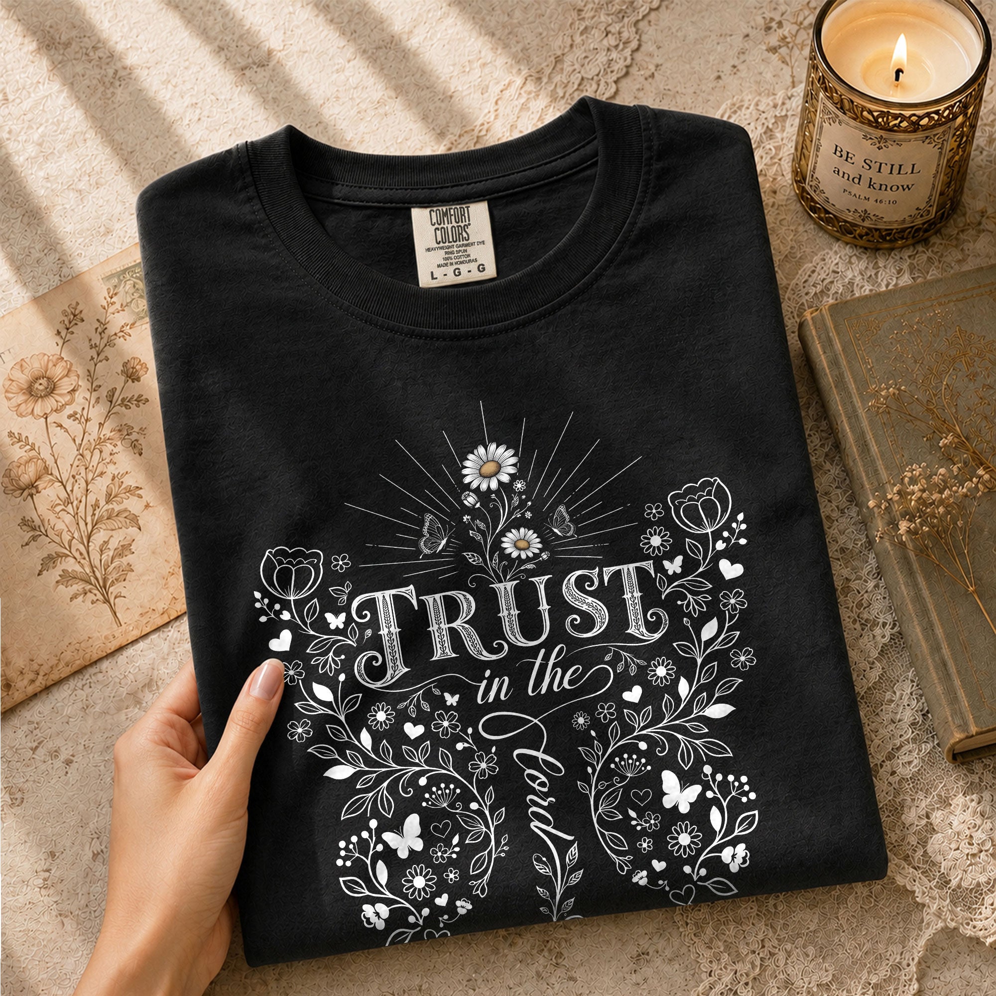 Trust In The Lord Butterfly Floral Christian Graphic Tee Shirt For Women Apparel - Rust Field Wear