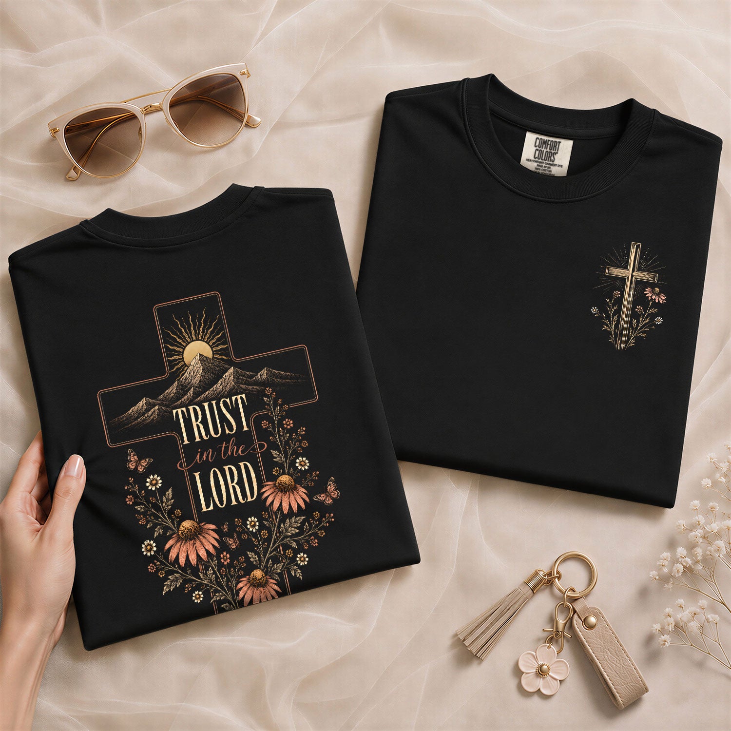 Trust In The Lord Cross Mountain Floral Christian Graphic Tee Shirt For Women Apparel - Rust Field Wear