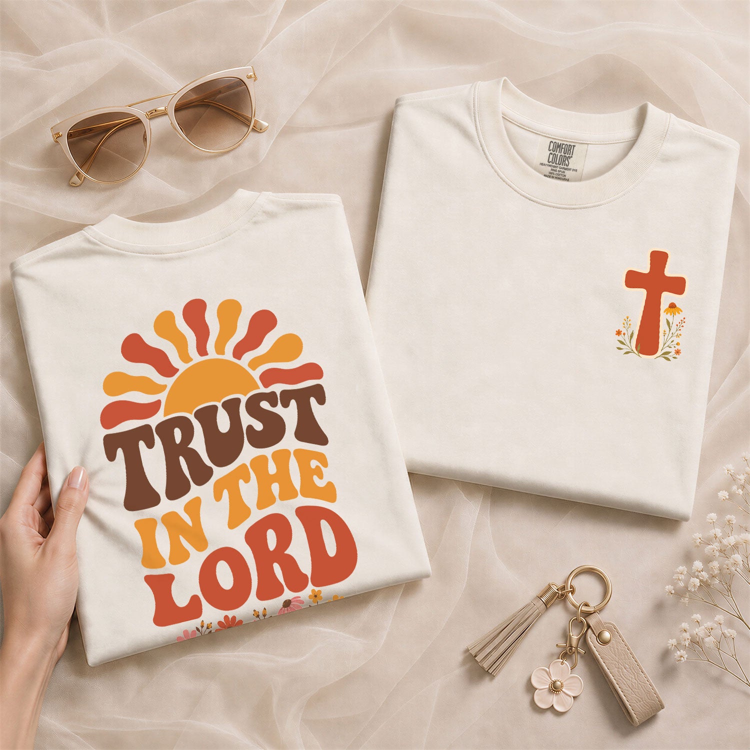 Trust In The Lord Retro Sun Floral Christian Graphic Tee Shirt For Women Apparel - Rust Field Wear