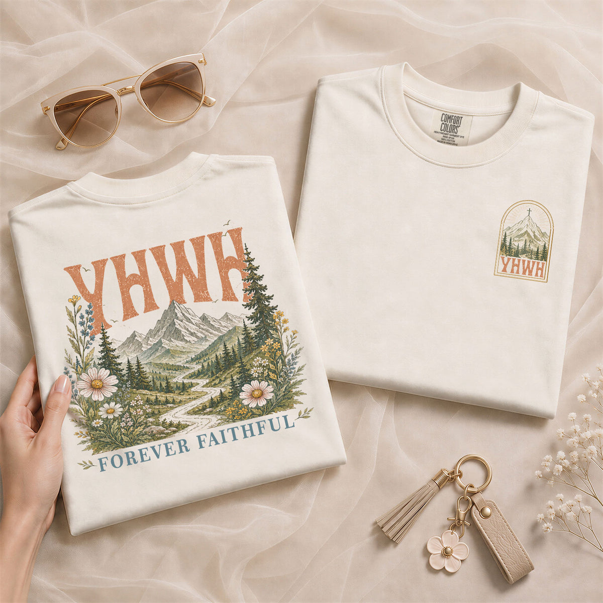 Spiritual Christian YHWH Mountain Nature Aesthetic Women Graphic Tee Shirt Vintage - Rust Field Wear