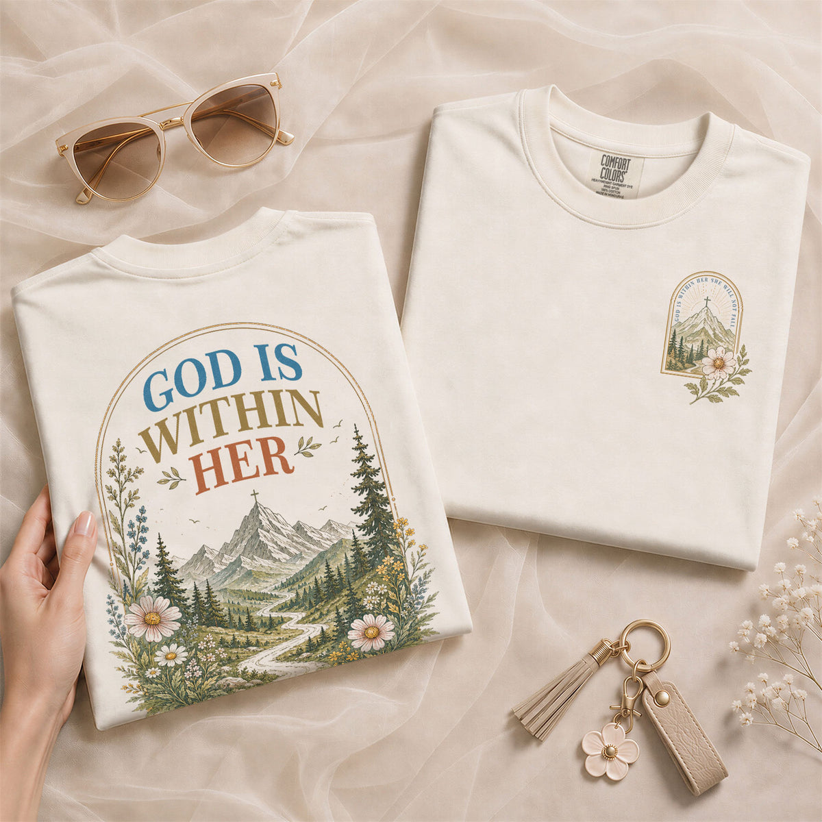 Inspirational Christian Mountain Floral Aesthetic Women Graphic Tee Shirt Retro Cotton - Rust Field Wear