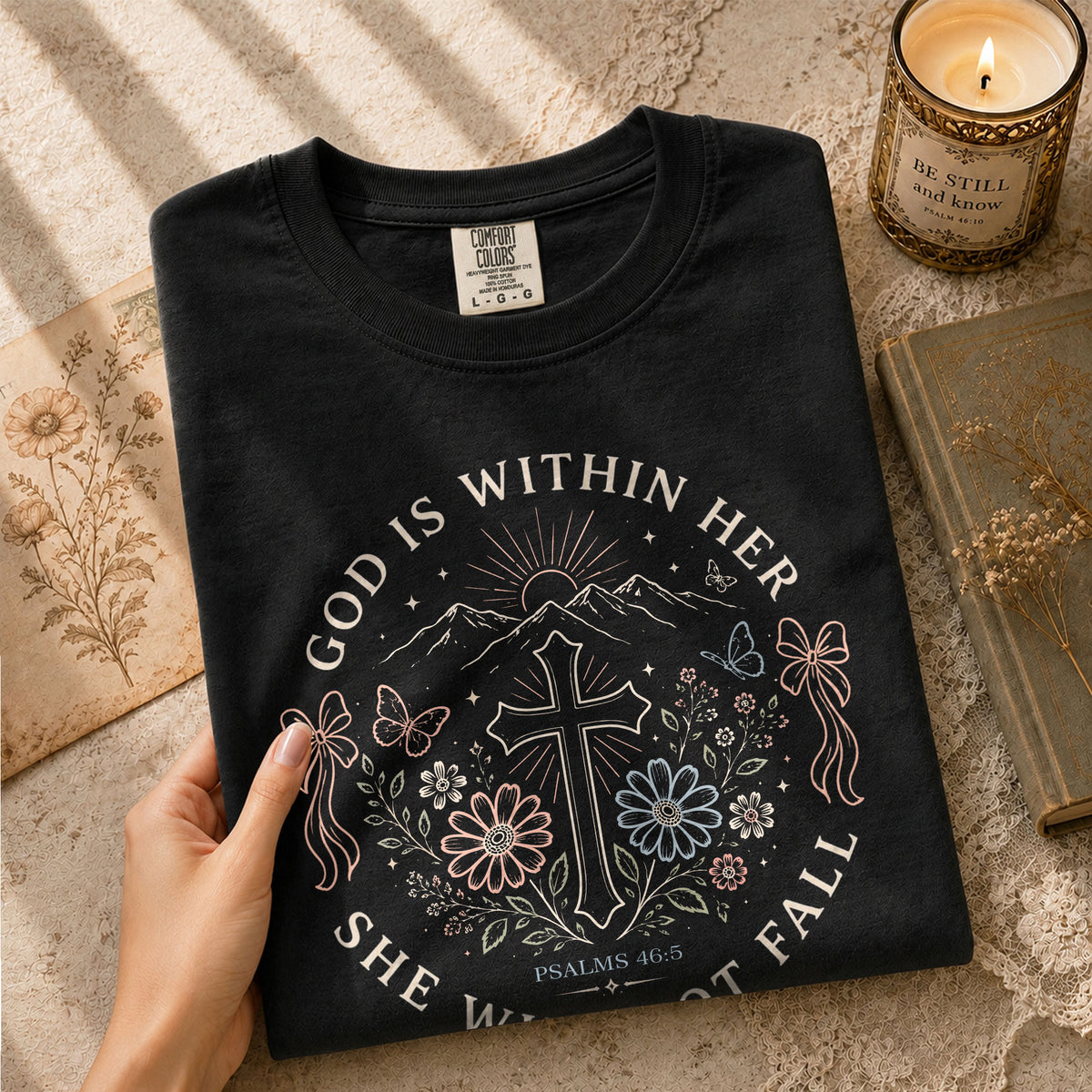 Inspirational Christian Cross Floral Aesthetic Women Graphic Tee Shirt Retro Cotton - Rust Field Wear