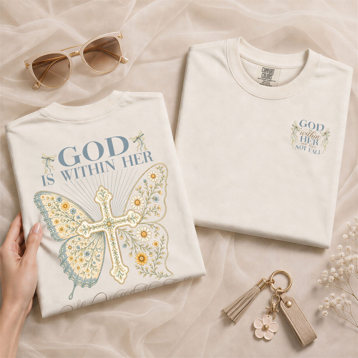 Inspirational Christian Butterfly Cross Aesthetic Women Graphic Tee Shirt Retro Cotton - Rust Field Wear