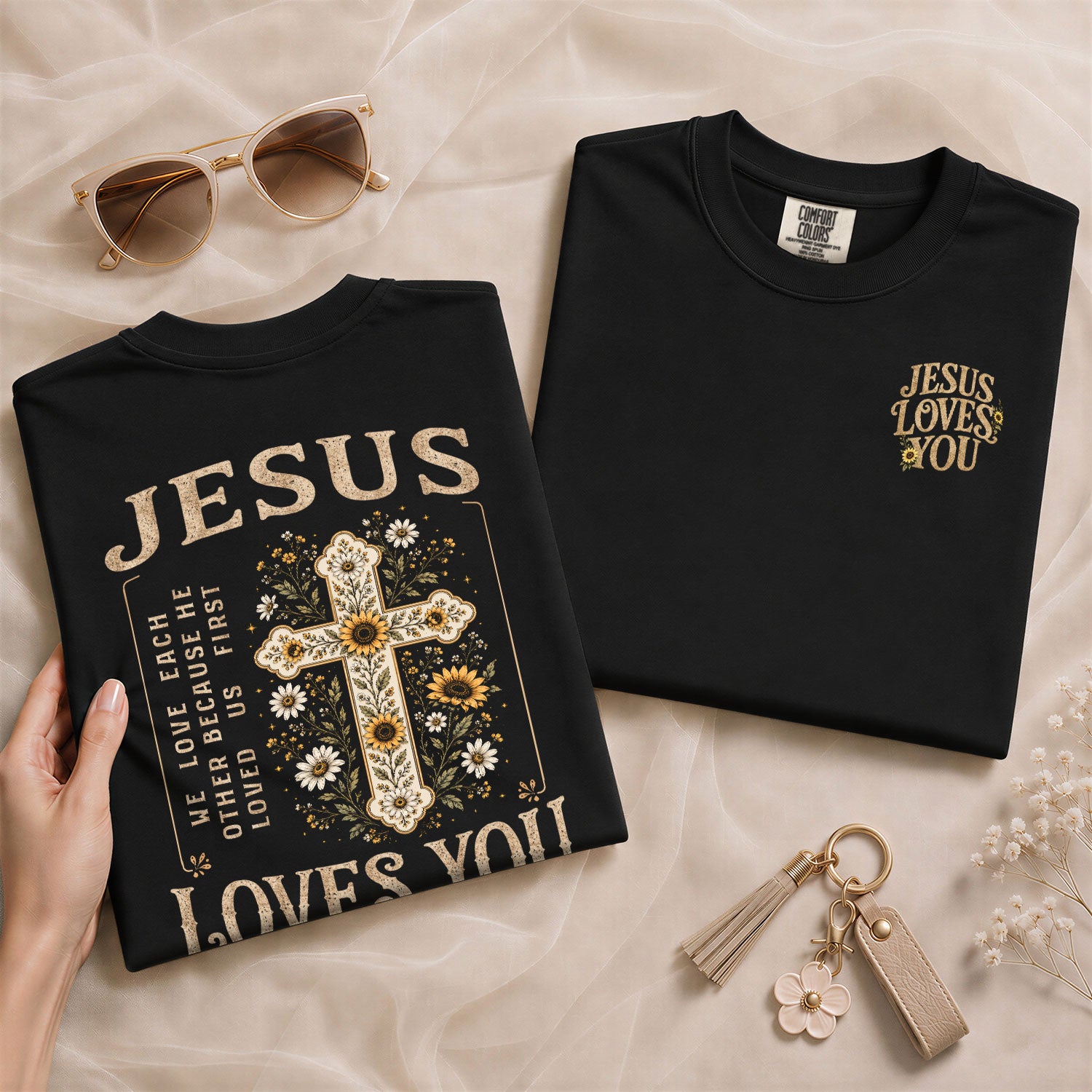 Jesus Loves You Floral Cross 1 John 4:19 Christian Graphic Tee For Women Apparel